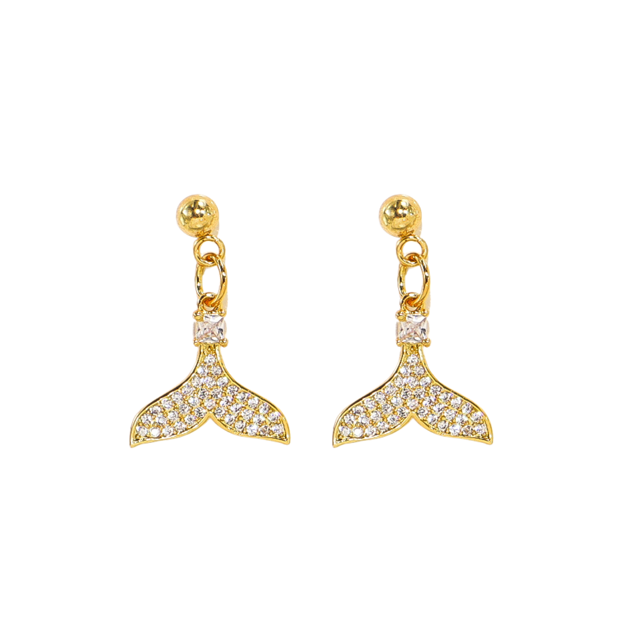 Clear Crystal Whale Tail Gold Stud Earrings