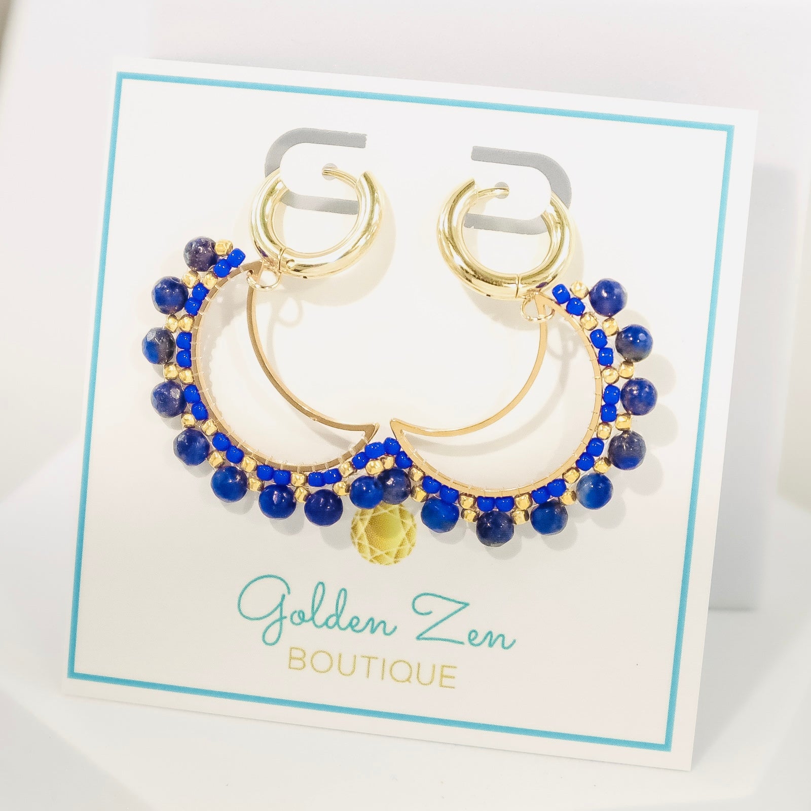 Gold & Blue sodalite Wrapped Crescent Moon Hoop Earrings