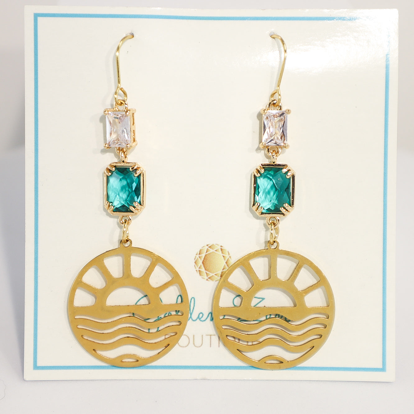 Gold Sunset, Cz & Emerald Green Crystal Earrings