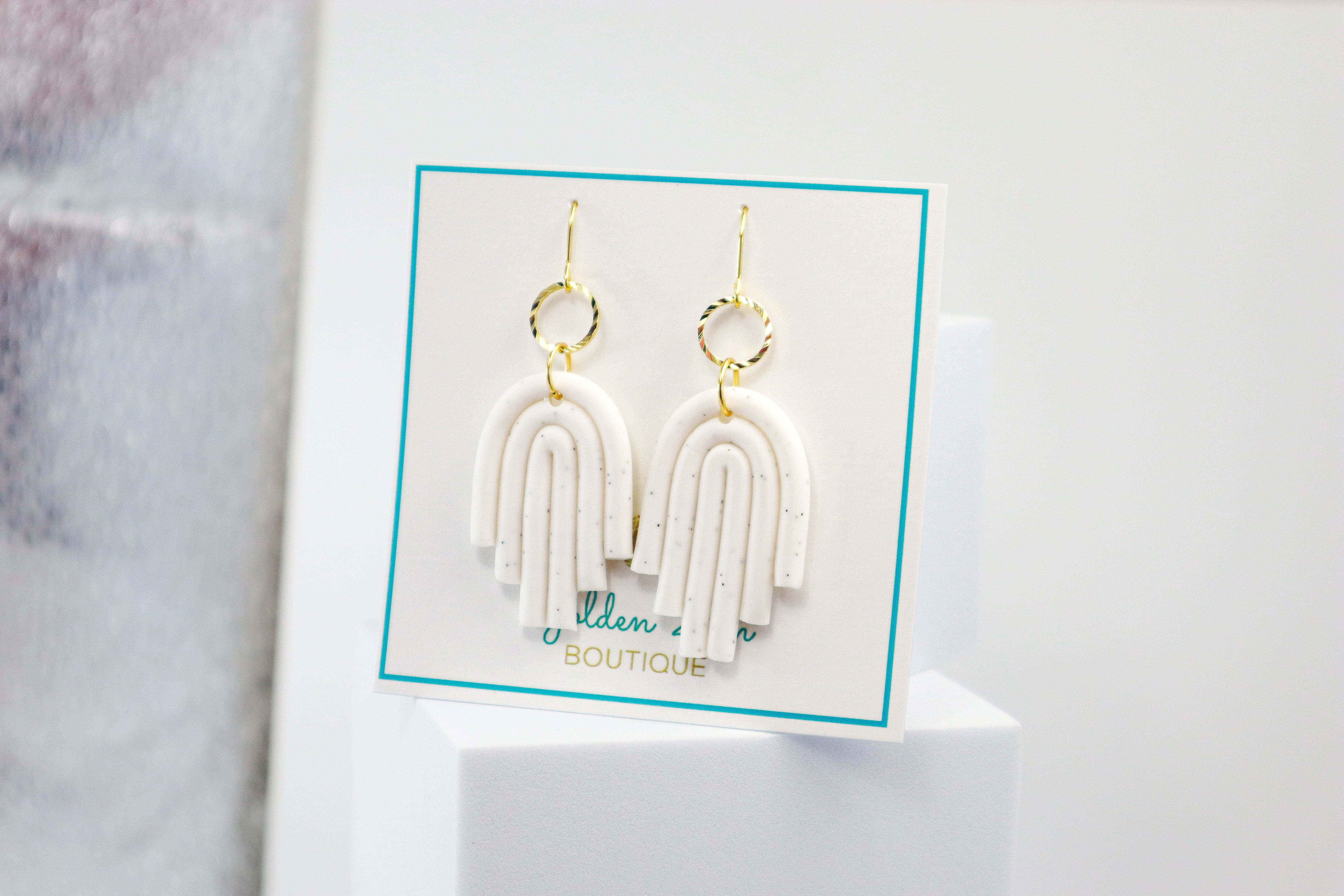 White Clay & Gold Etched Statement Earrings