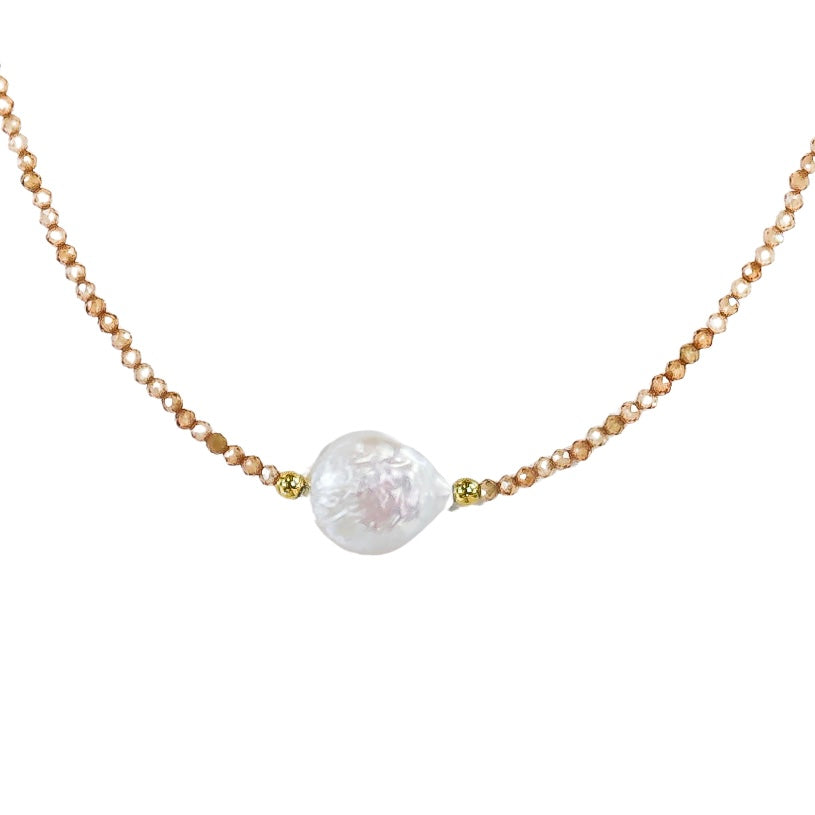 Fresh Water Coin Pearl & Tan Crystal Necklace