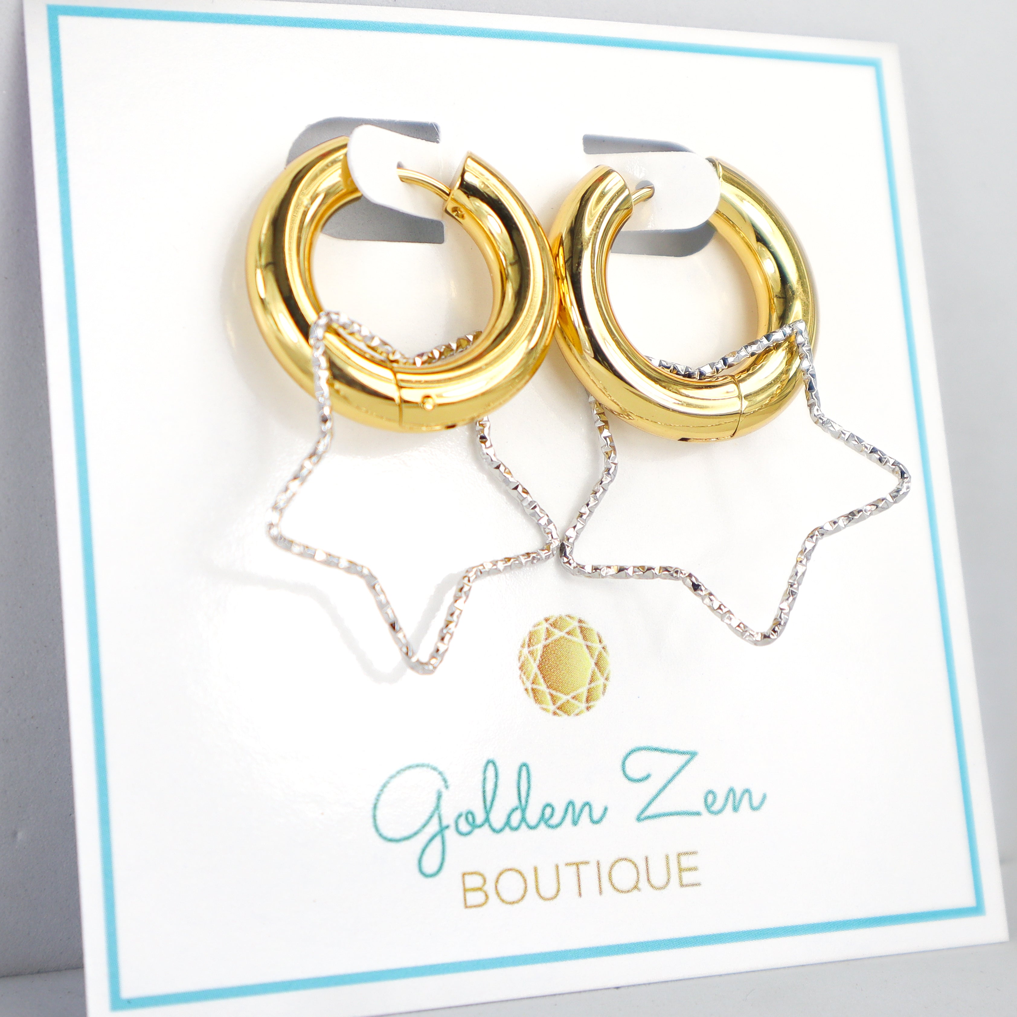 Two Tone Gold & Silver Star Chunky Hoop Earrings