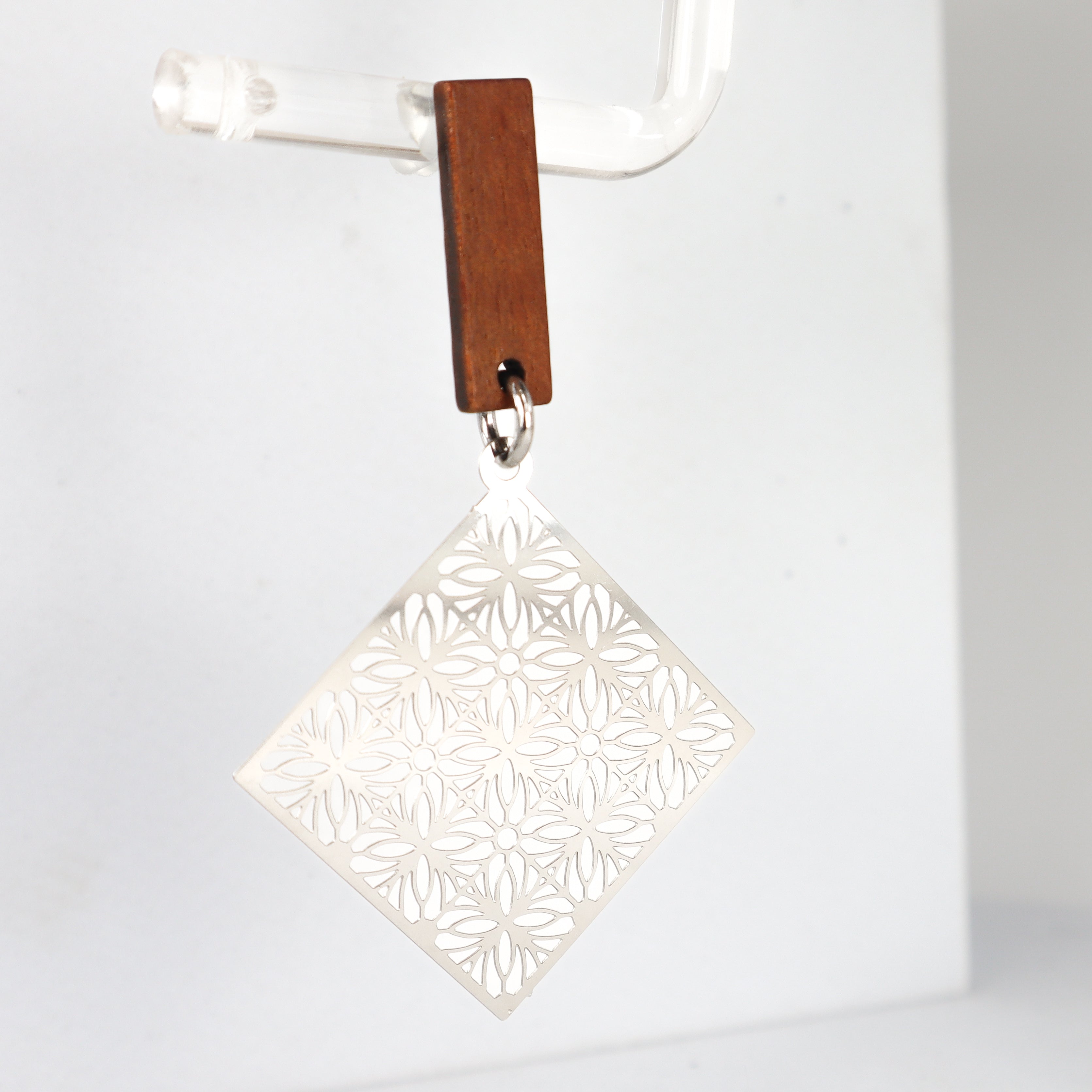 Wood & Silver Floral Geometric Statement Earrings