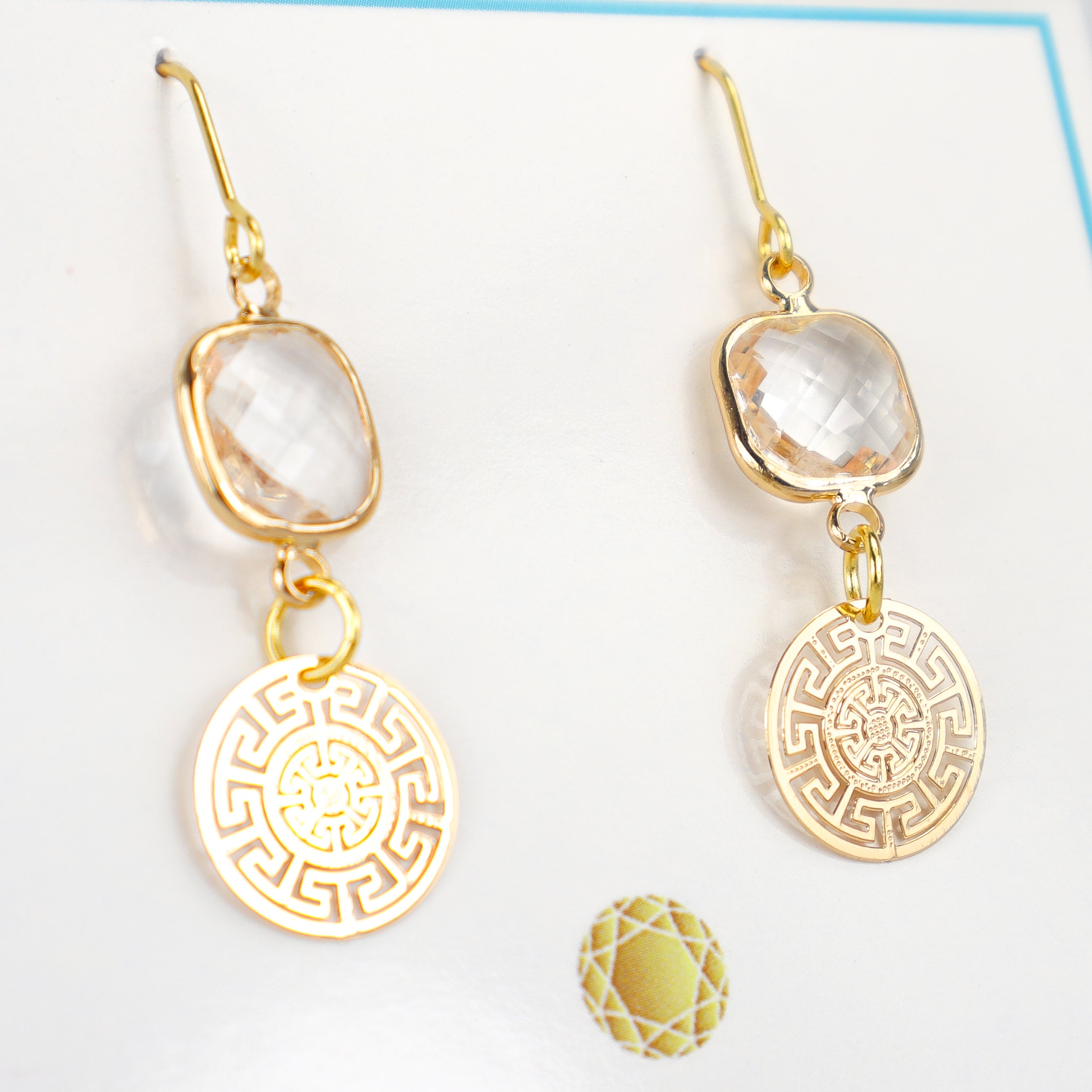 Greek Key Medallion Clear Crystal Earrings