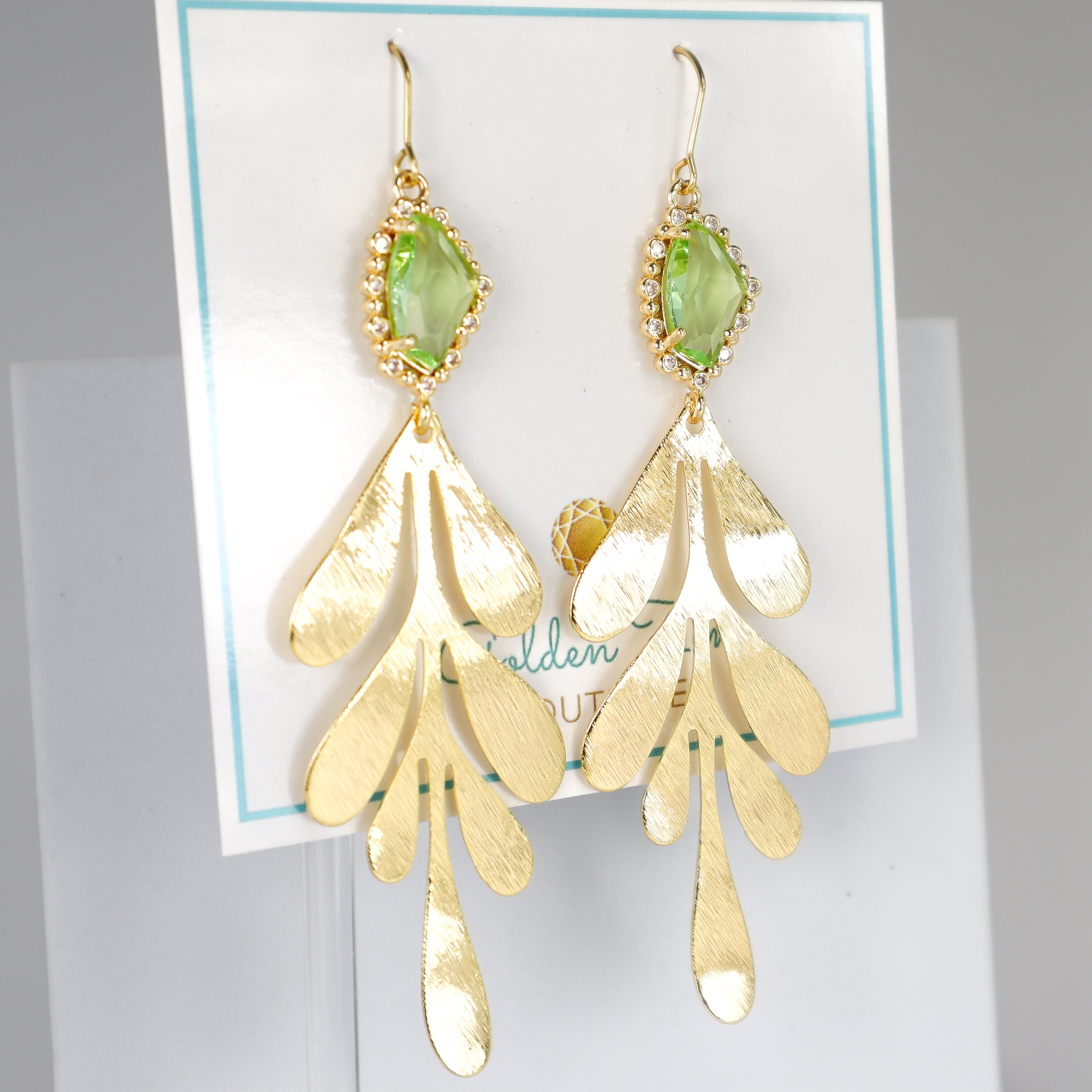 Gold Leaf & Green Crystal Statement Earrings