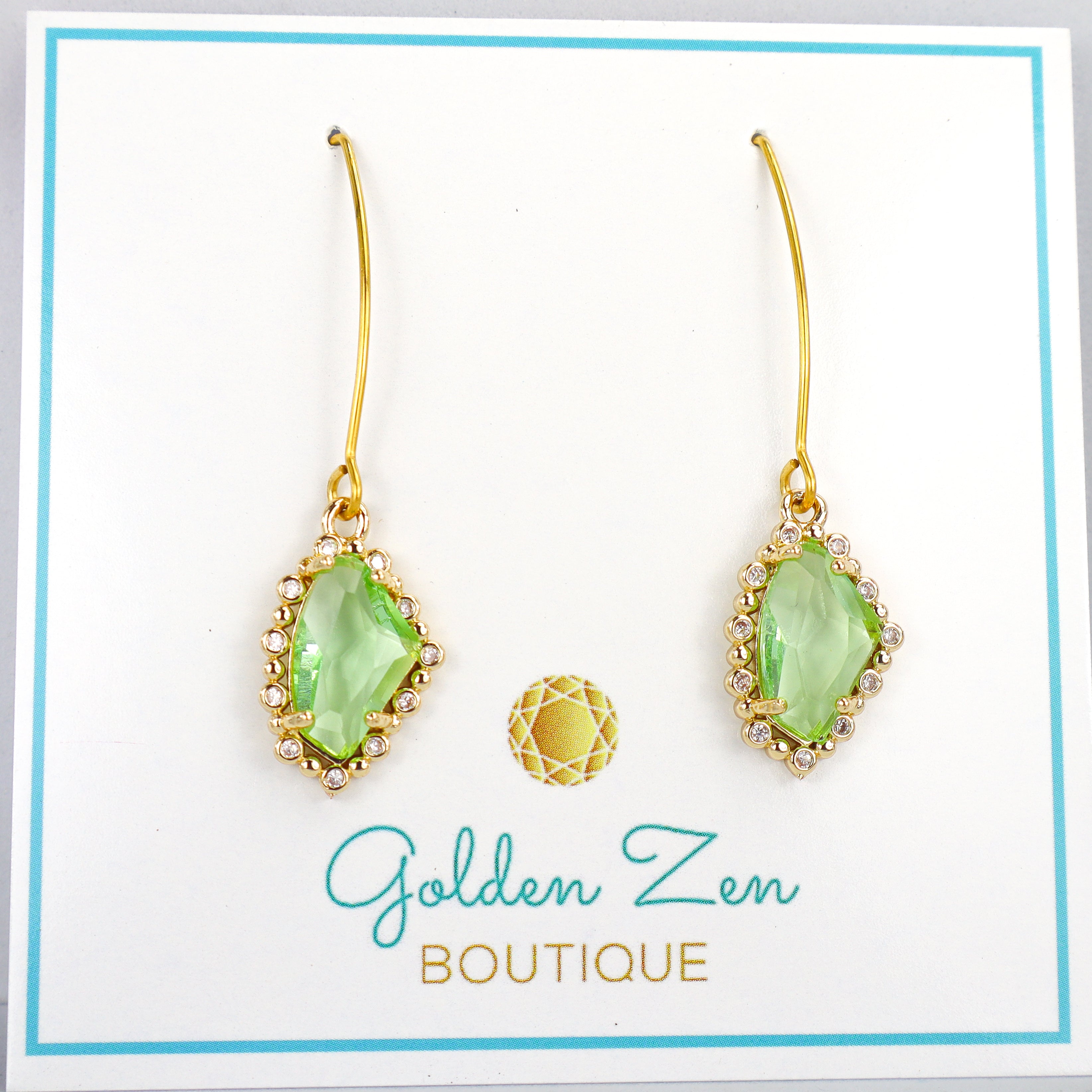 Green Radiance Crystal Drop Gold Earrings