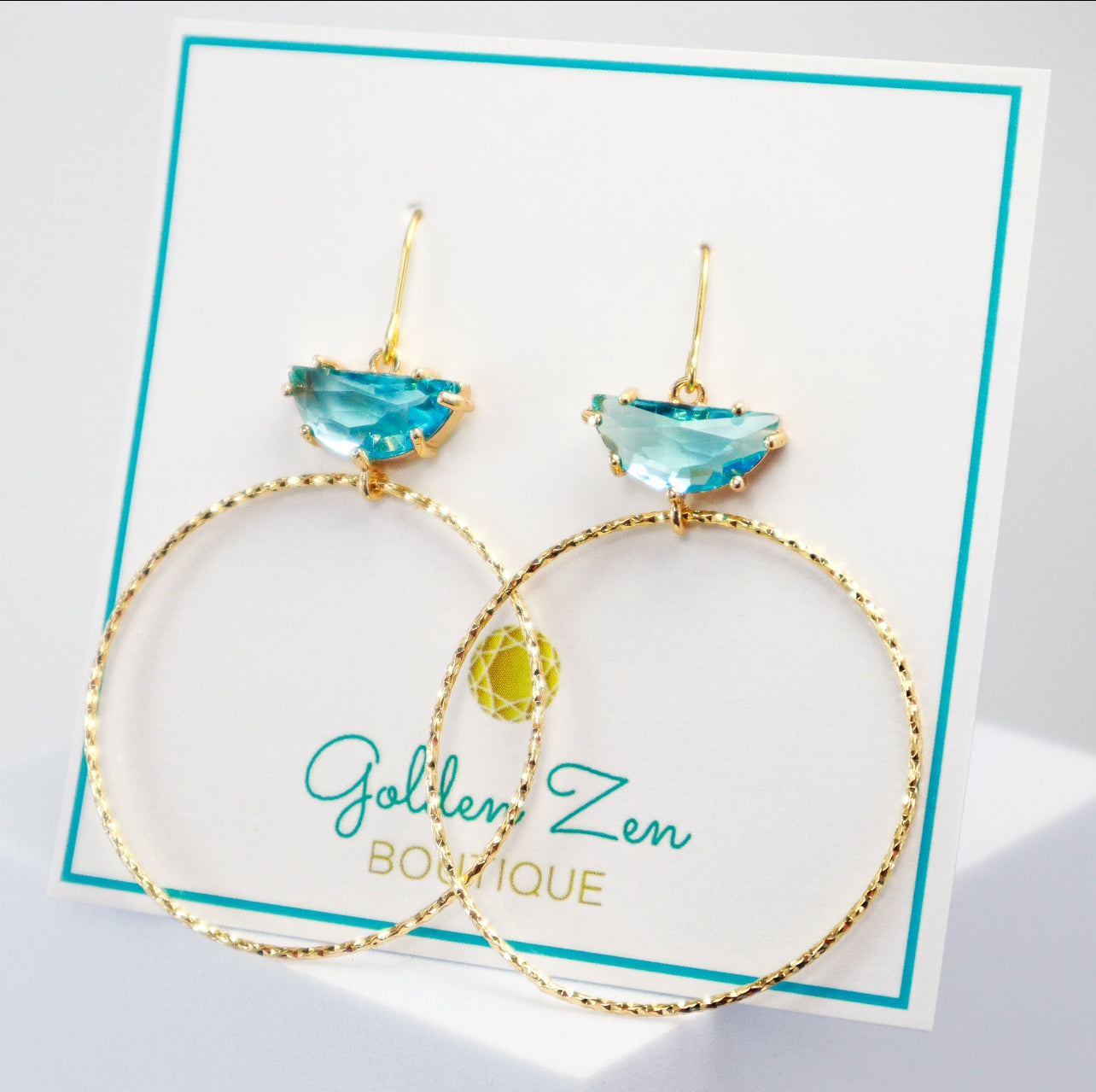 Lightweight Gorgeous Diamond Cut Gold Loop & Blue Topaz Crystal Earrings