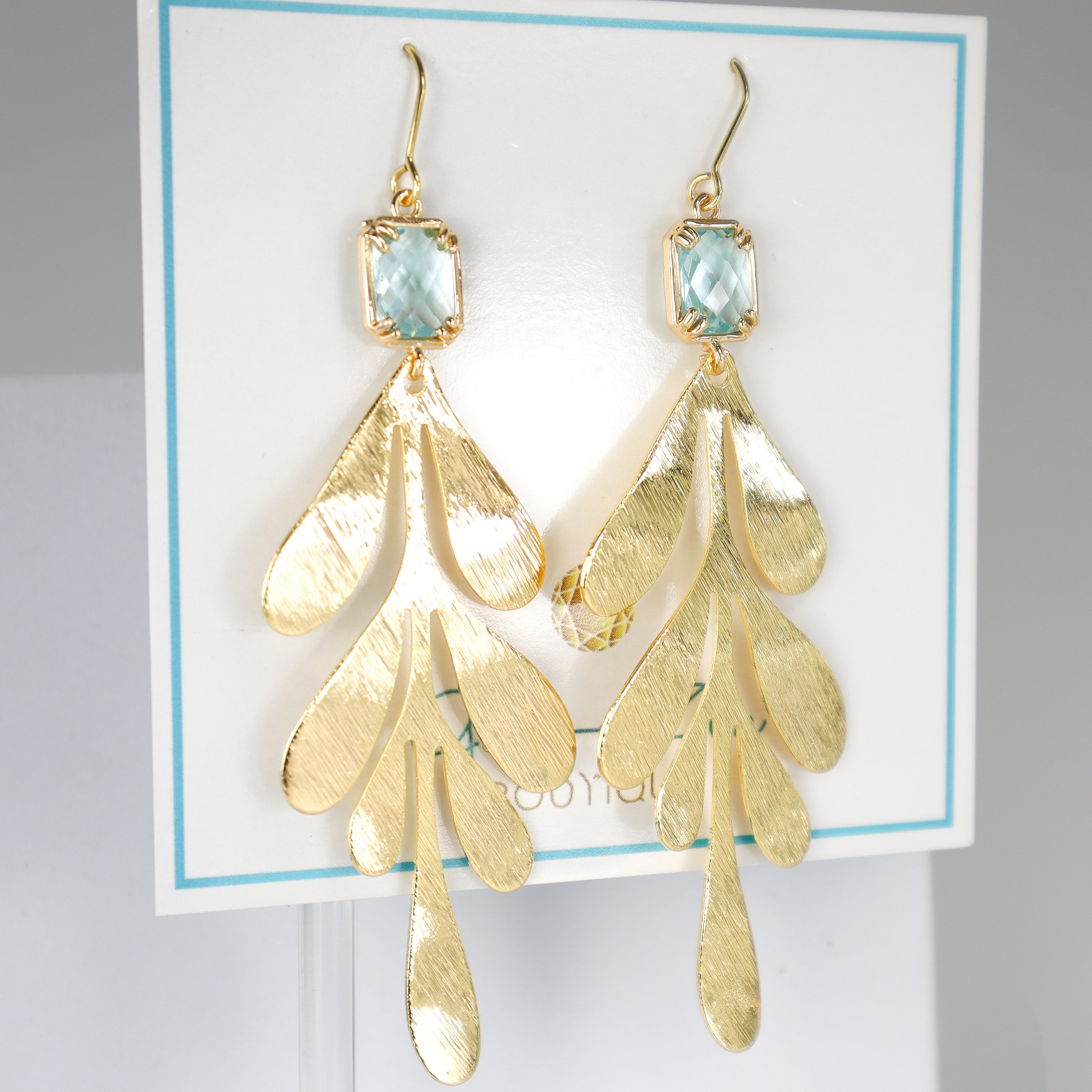 Gold Leaf & Aquamarine Crystal Statement Earrings