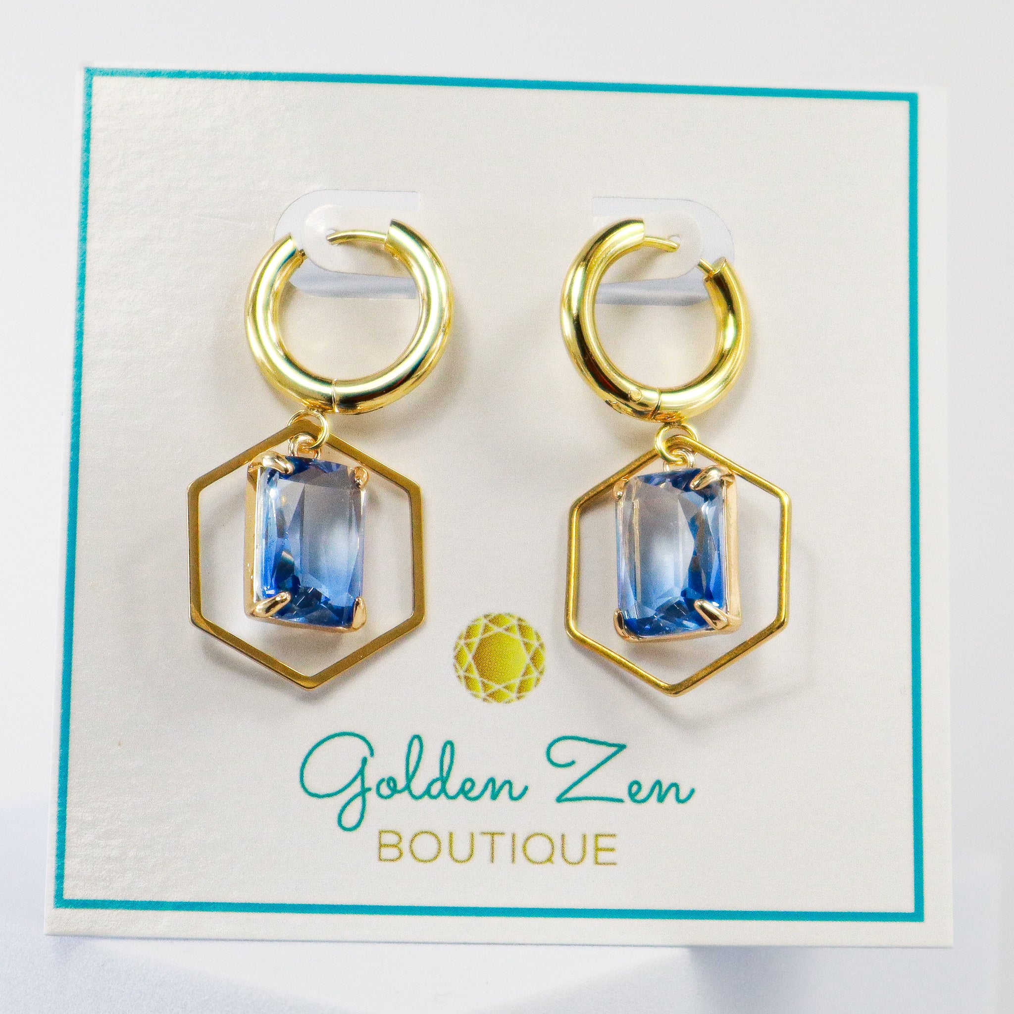 Geometric Gold Hexagon Blue Ombre Crystal Hoop Earrings