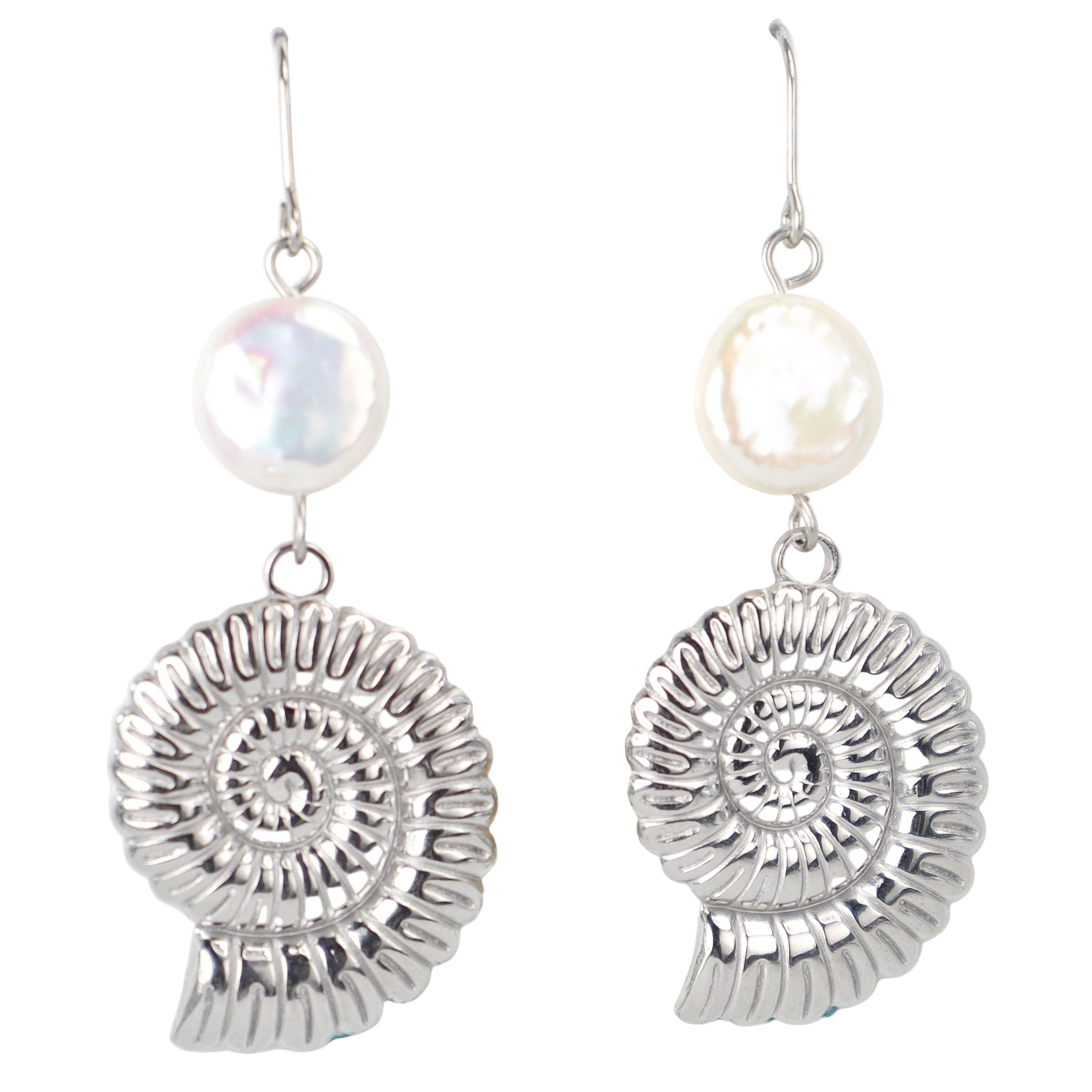 Silver Pearl Tide Swirl Shell Earrings
