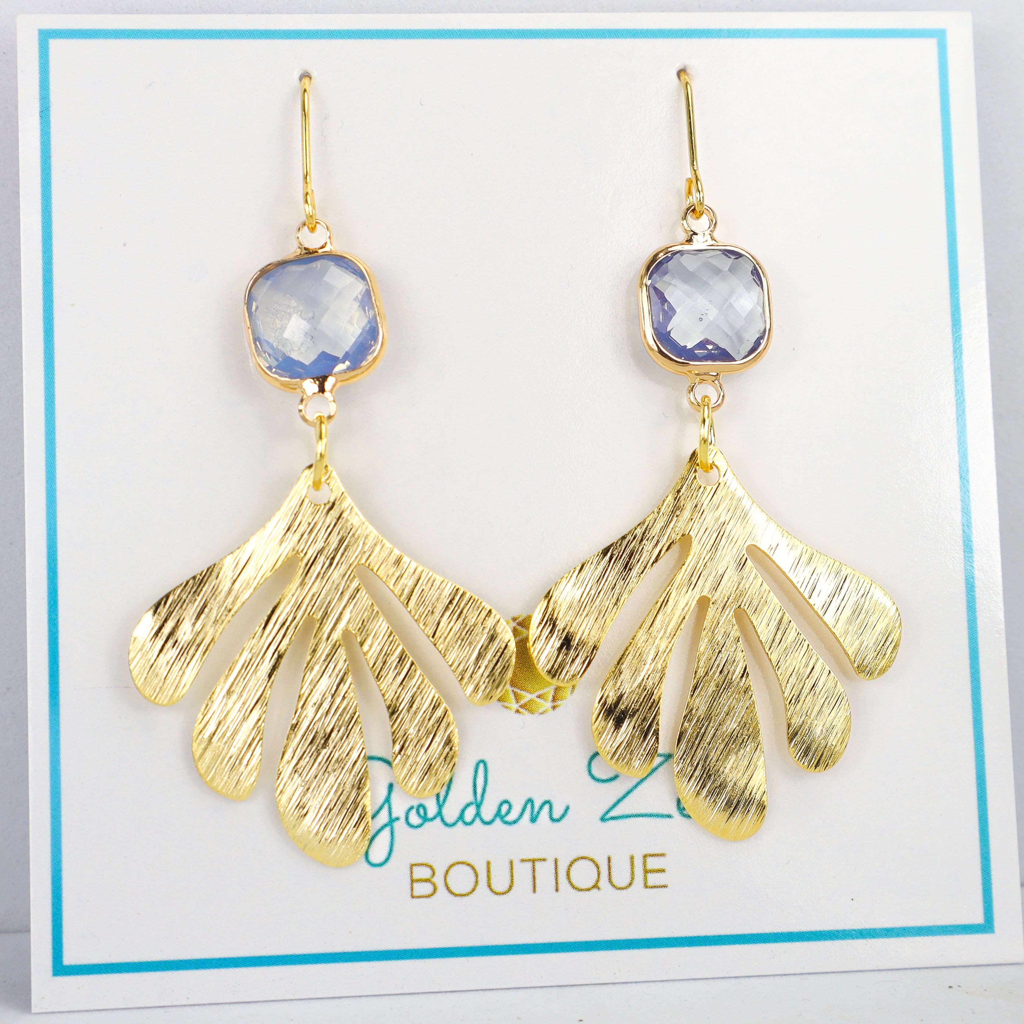 Periwinkle Crystal Golden Bloom Dangle Earrings