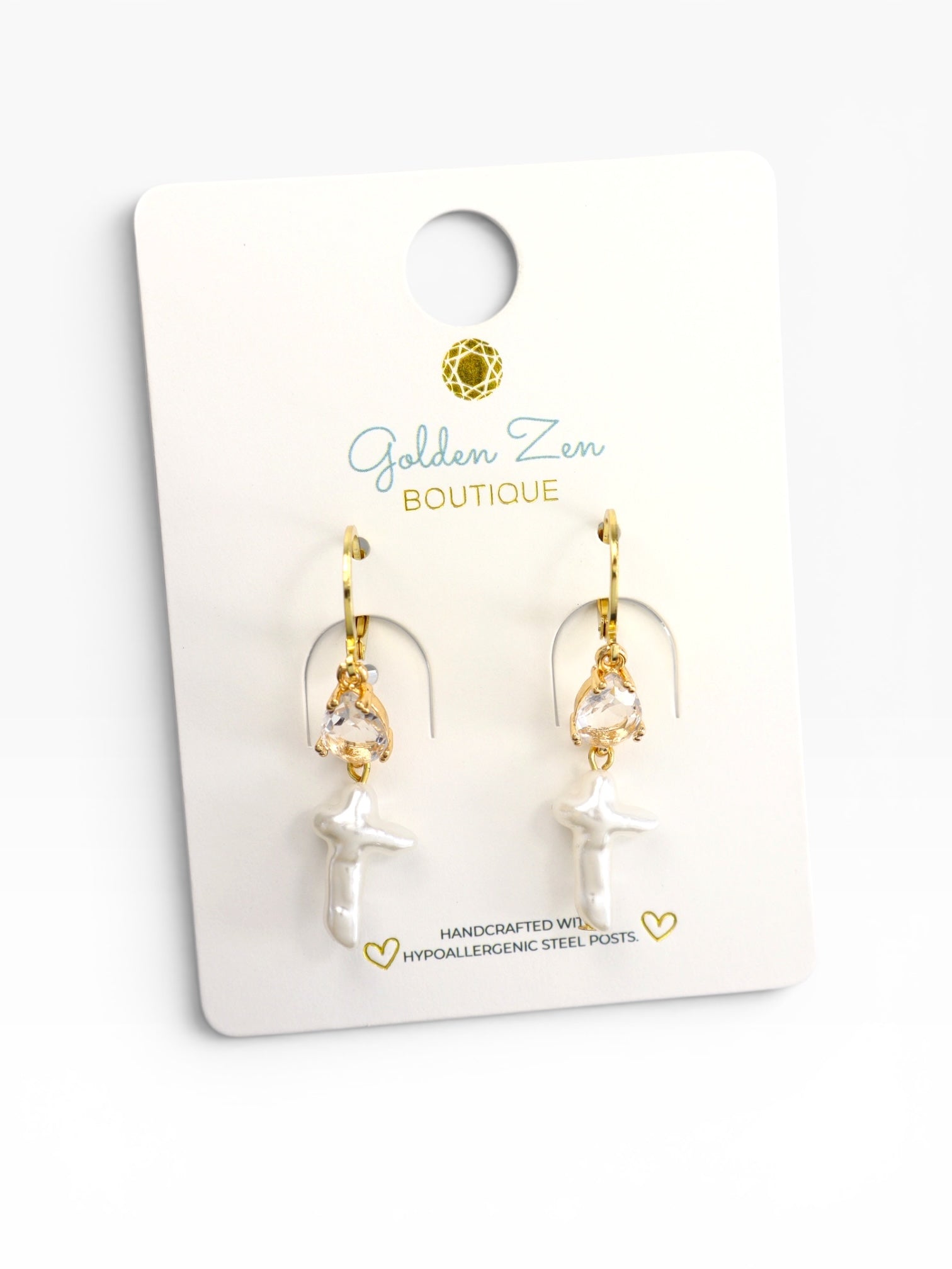 Gold Crystal & Faux Pearl Cross Lever Back Hoop Earrings