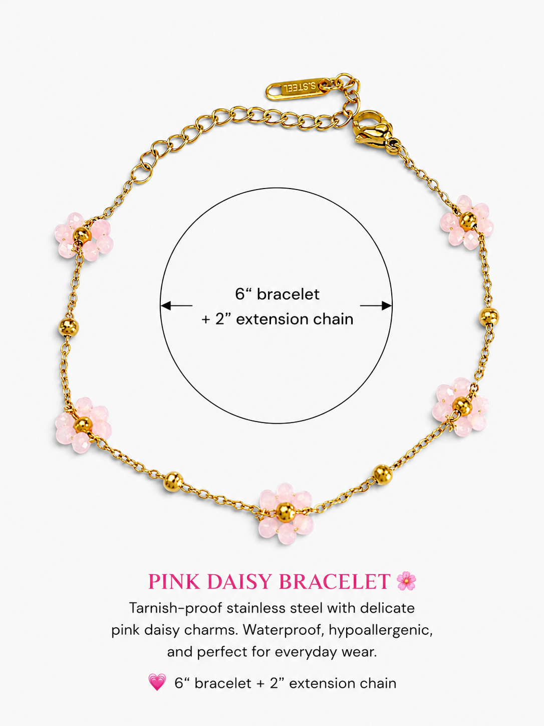 Waterproof Light Pink Crystal Daisy Bracelet