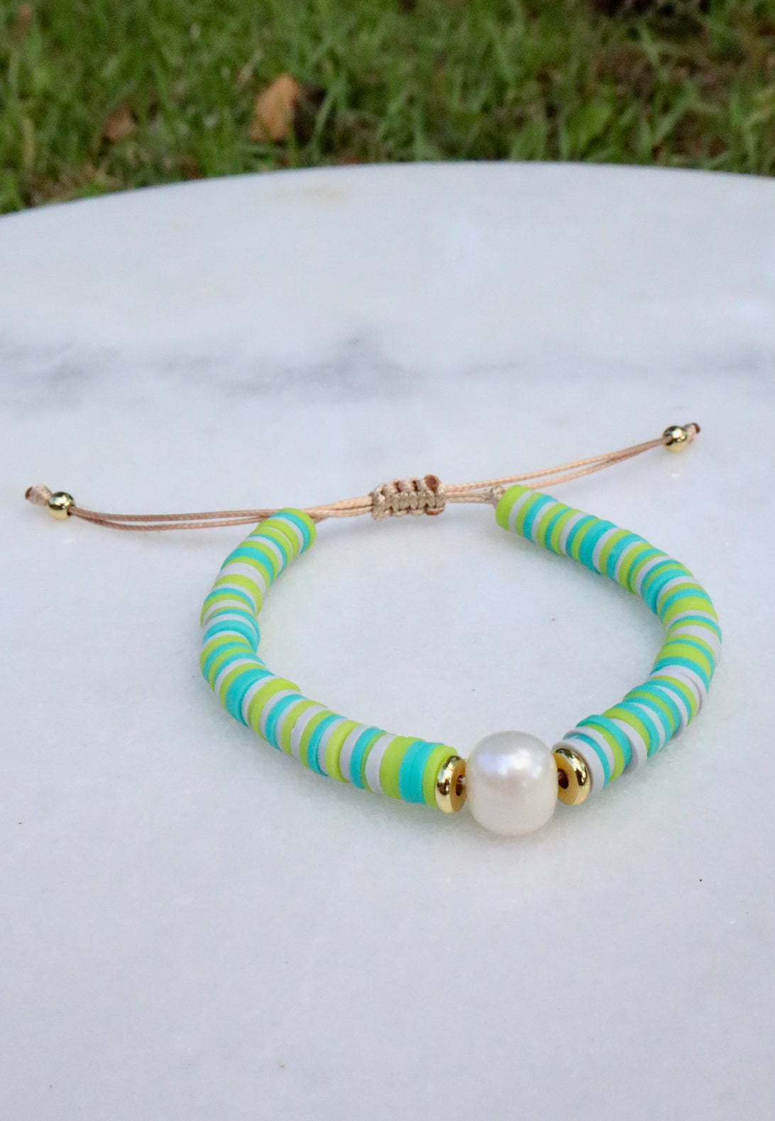 Green Clay & Pearl Adjustable Bracelet
