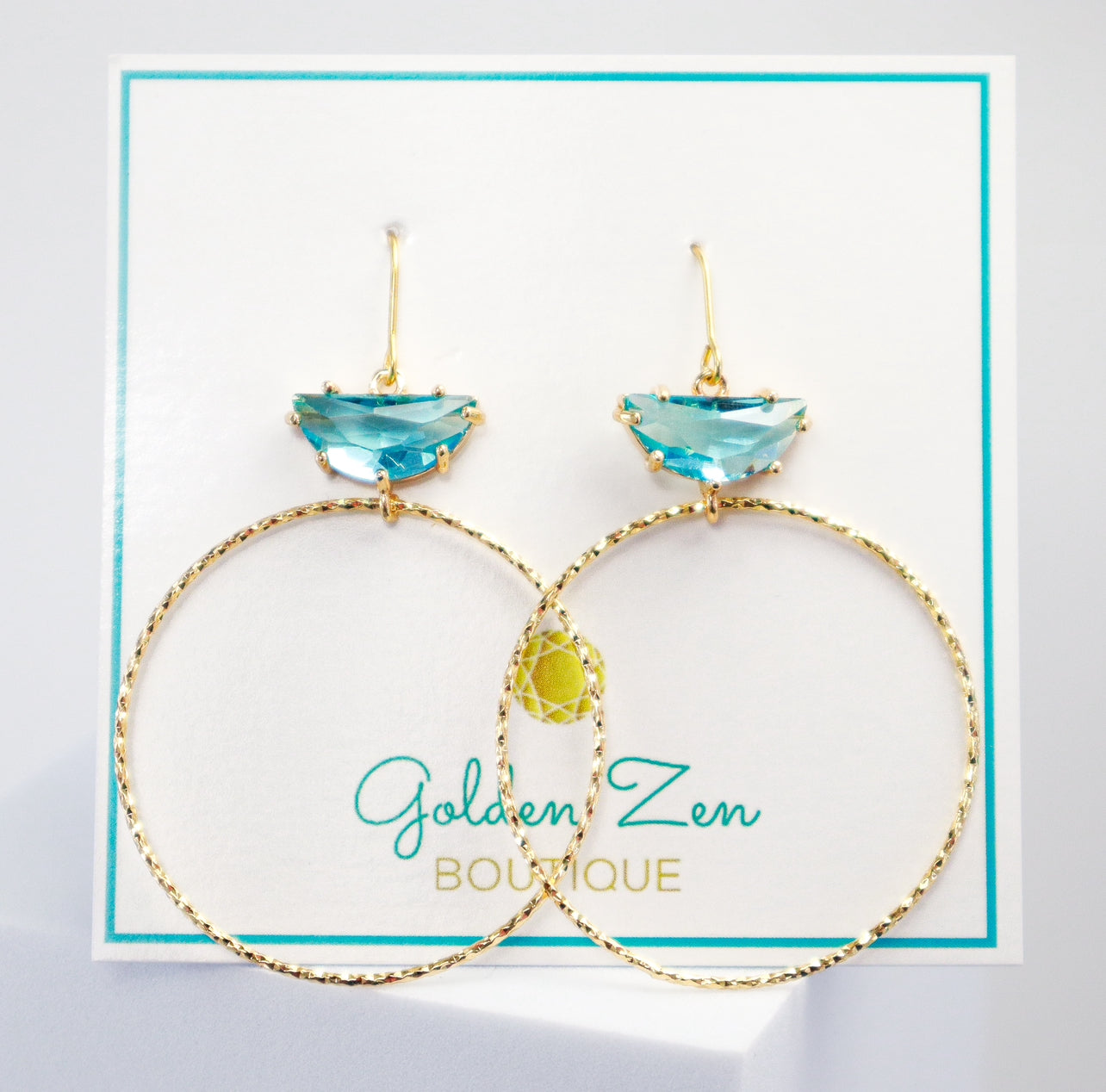 Lightweight Gorgeous Diamond Cut Gold Loop & Blue Topaz Crystal Earrings