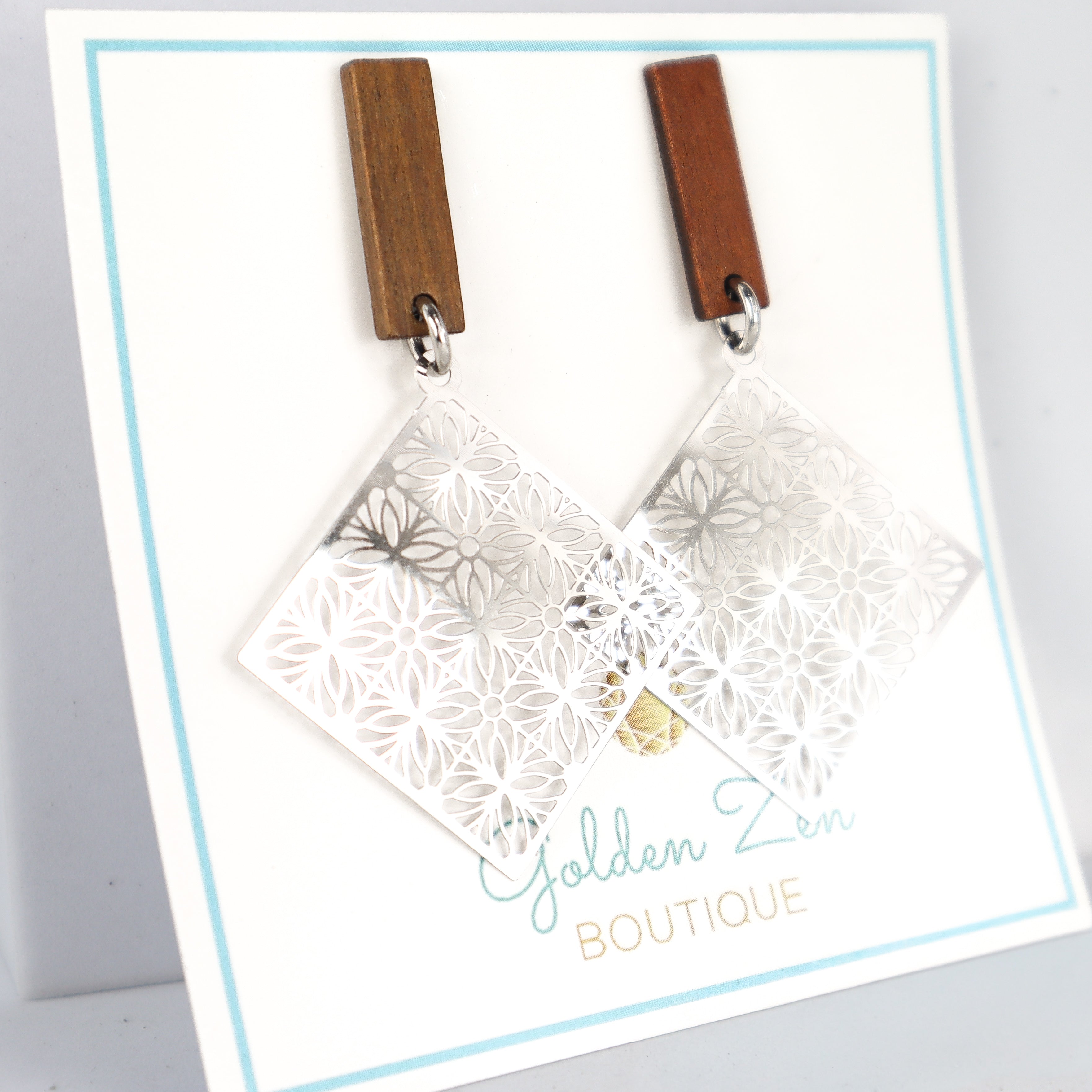Wood & Silver Floral Geometric Statement Earrings