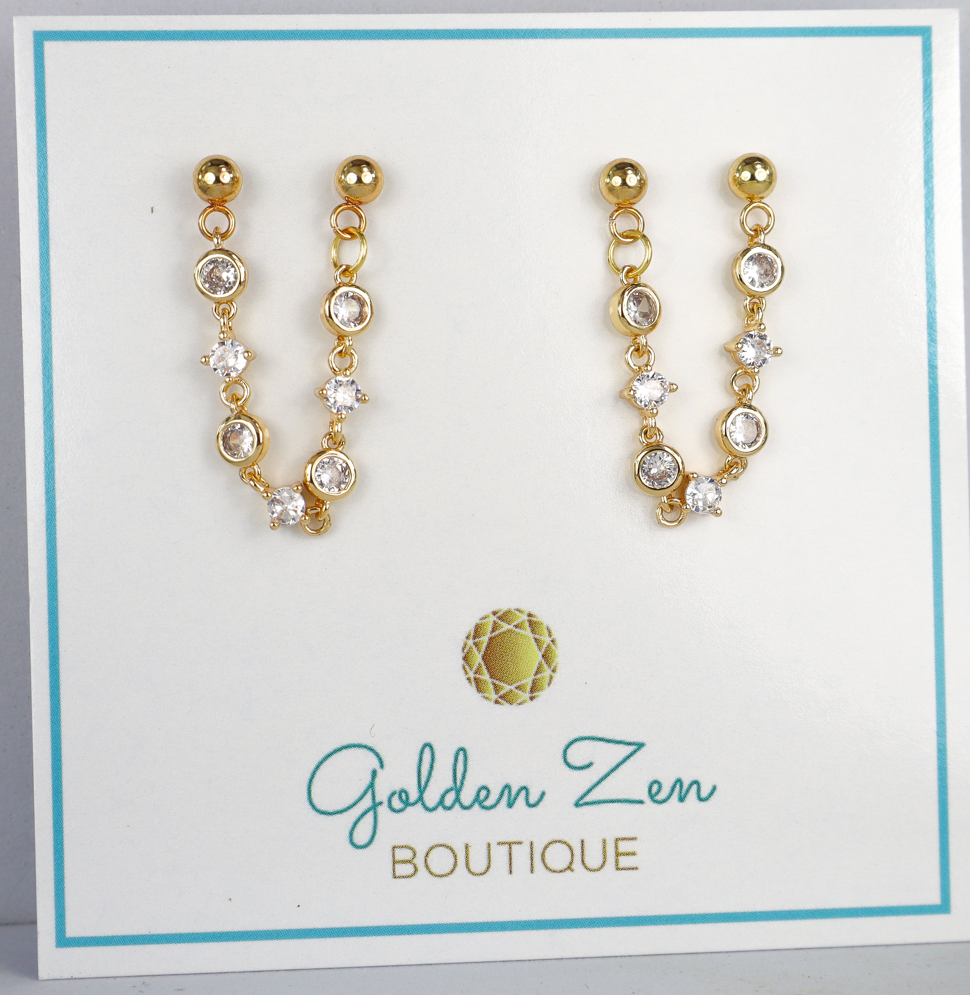 Double Pierced Golden Crystal Stud Earrings