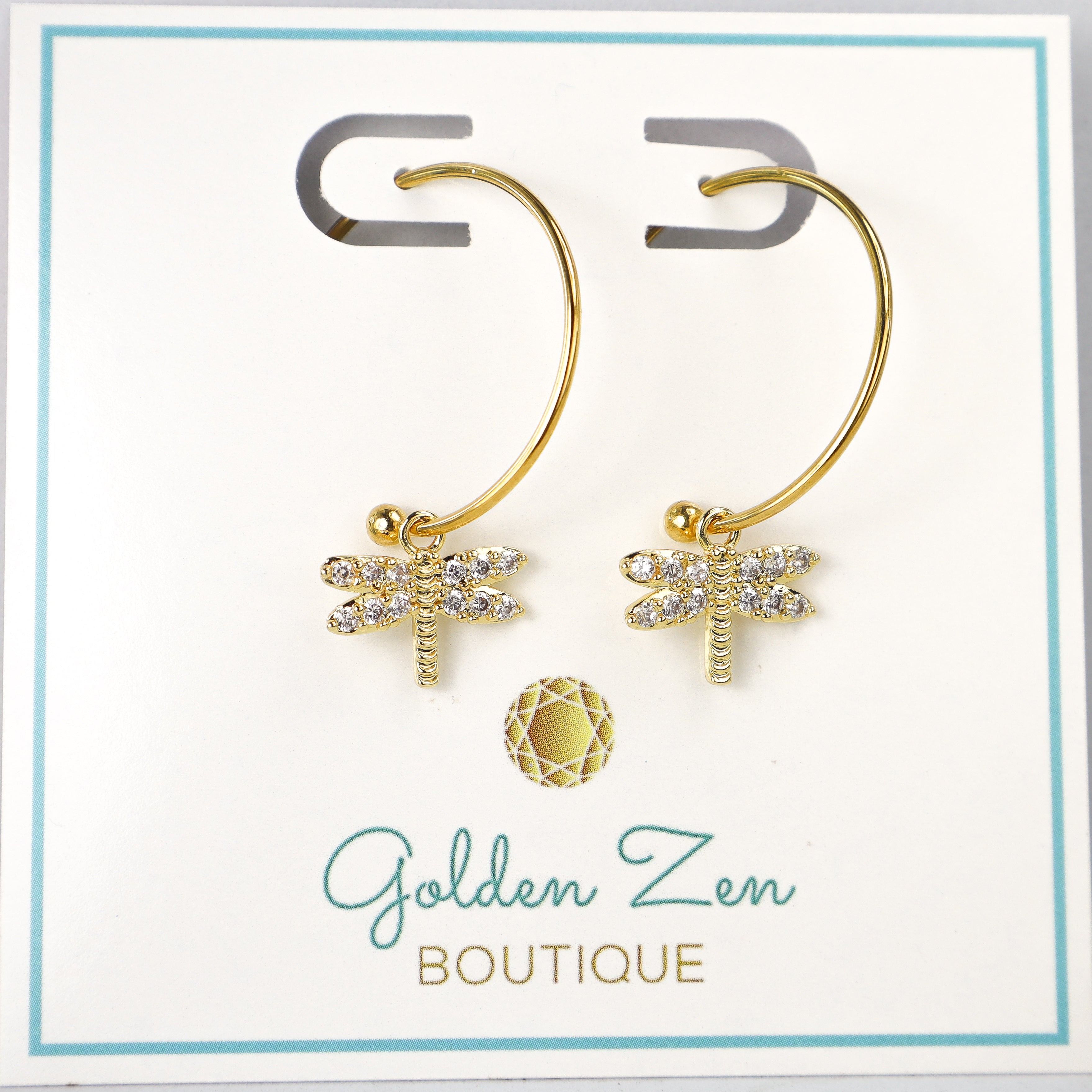 Gold & CZ Pave Dragon Fly Hoop Earrings