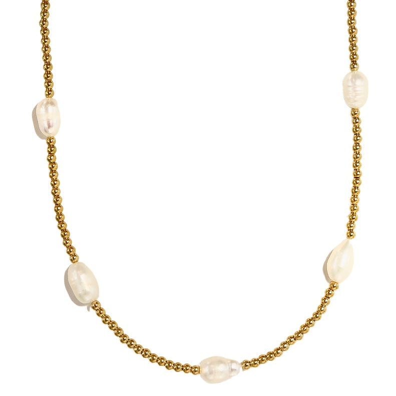 Fresh Water Pearl & Gold Beaded Necklace