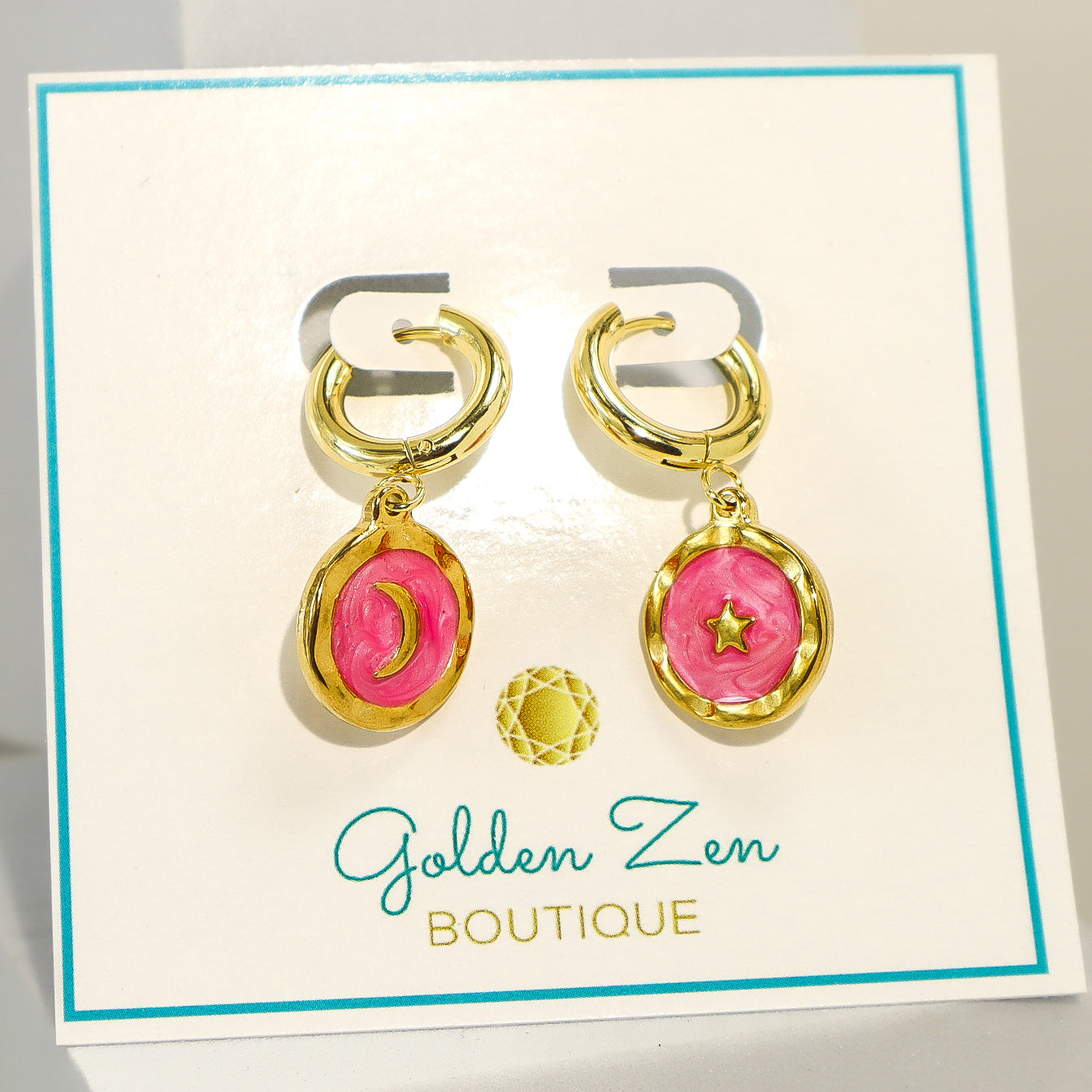 Pink & Gold Moon & Star Hoop Earrings