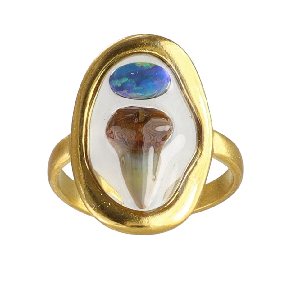 Venice Fossil Shark Tooth Ring with Genuine Ocean Opal Doublet