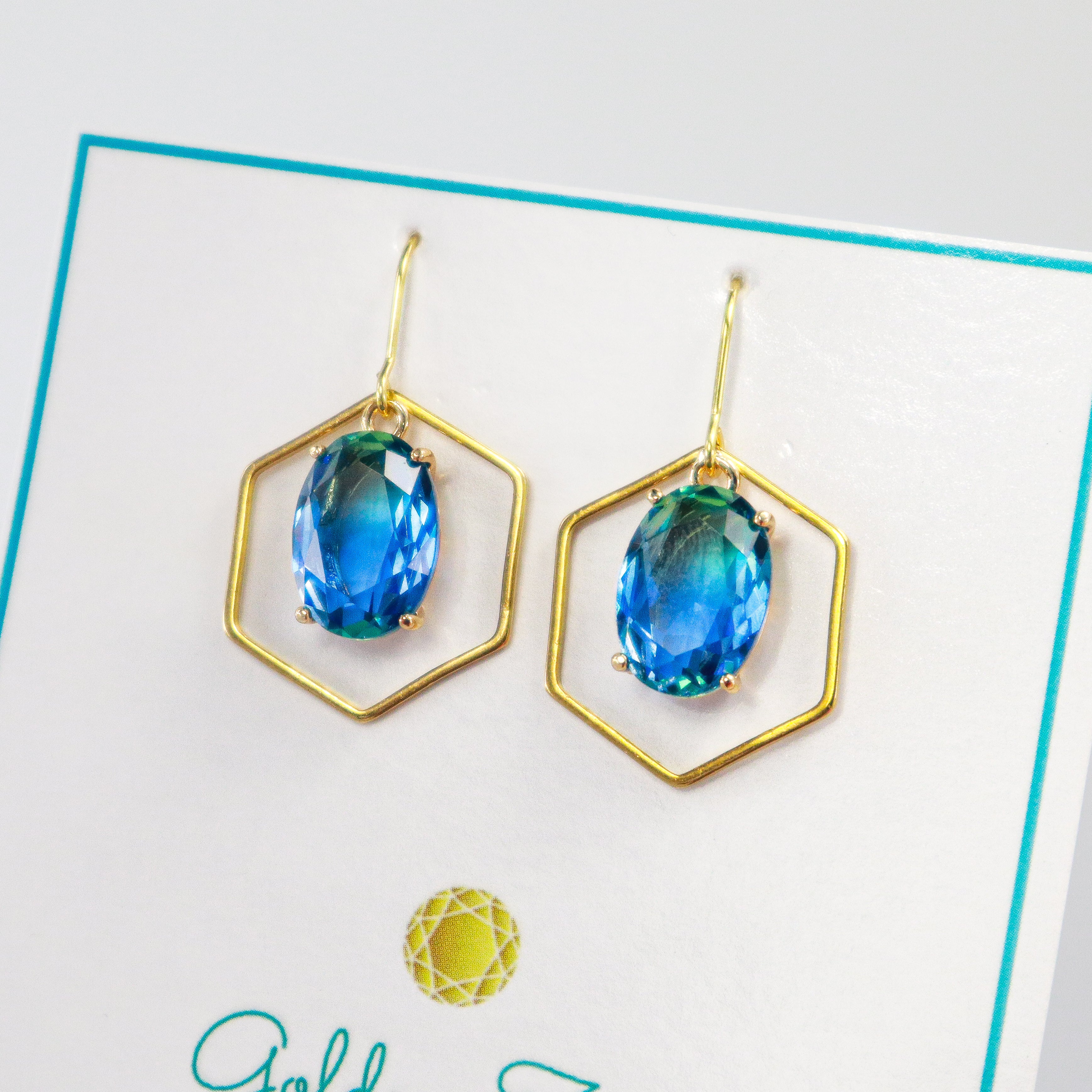 Elegant Gold Ombre Blue Sapphire Hexagon Earrings