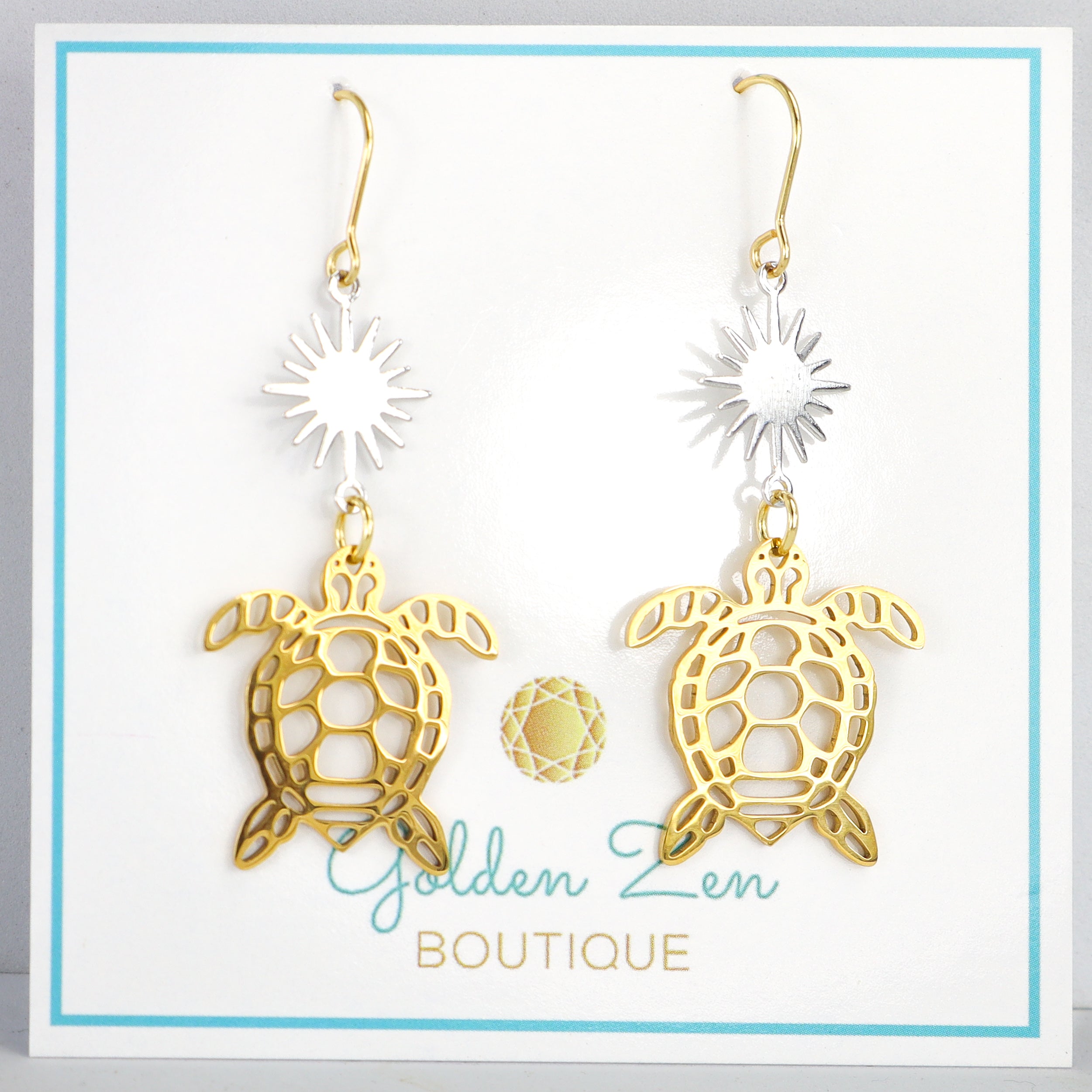 Two Tone Gold & Silver Turtle & Sun Burst Statement Earrings