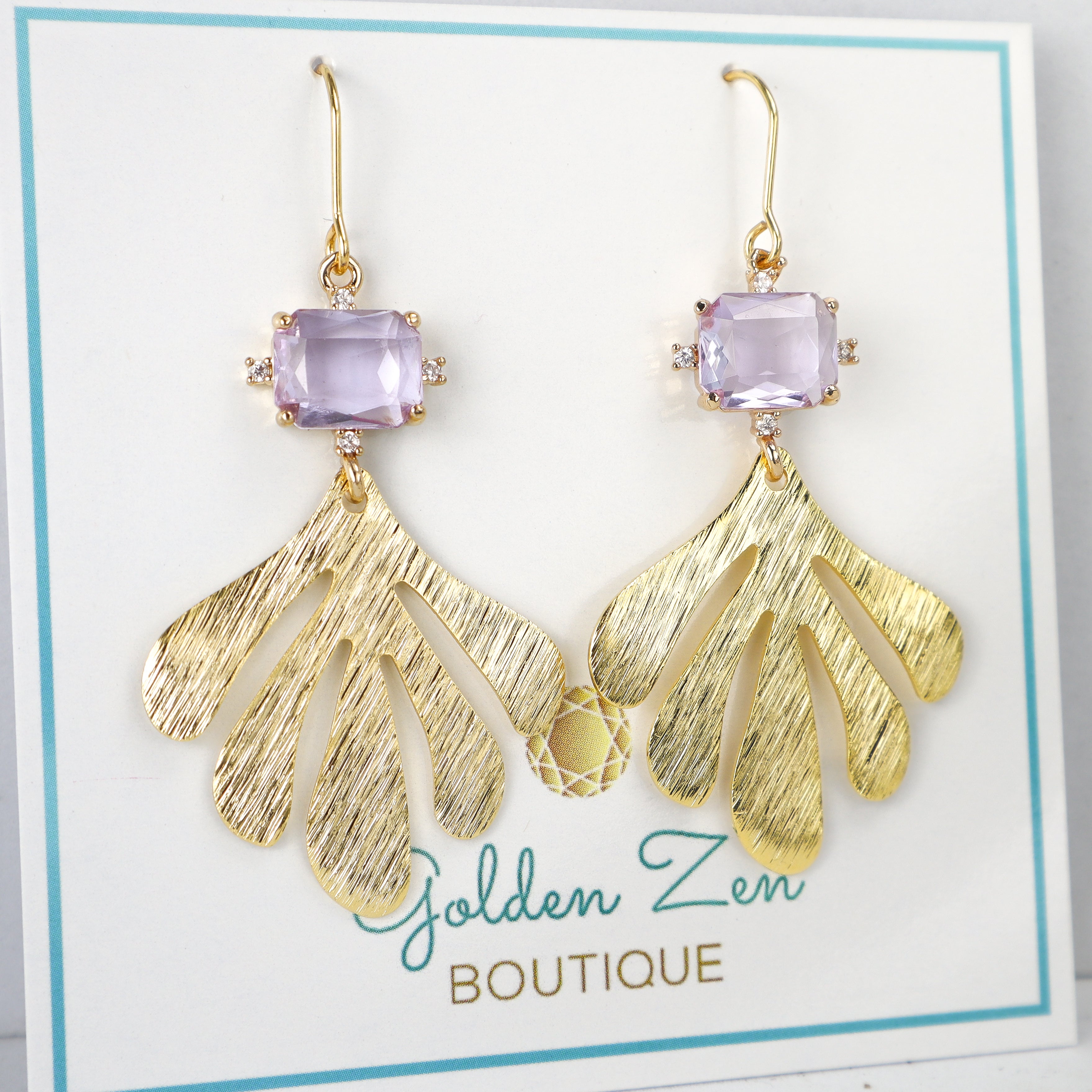 Gold & Lavender Crystal Palm leaf Earrings