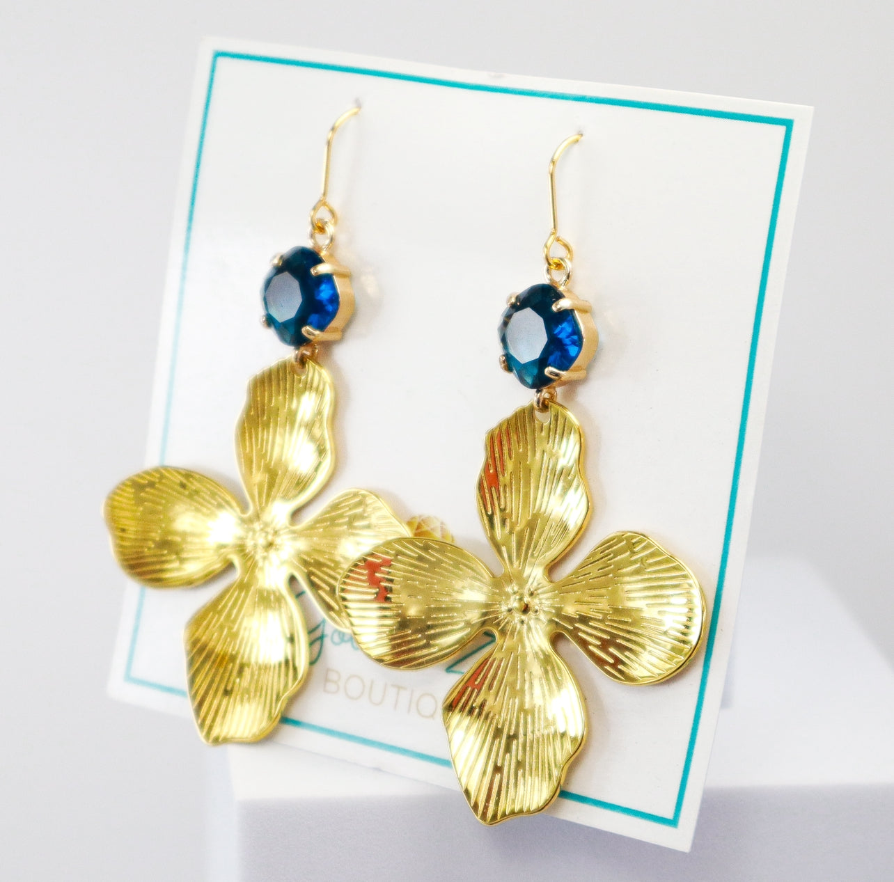 Sapphire Blue & Gold Dogwood Flower Earrings
