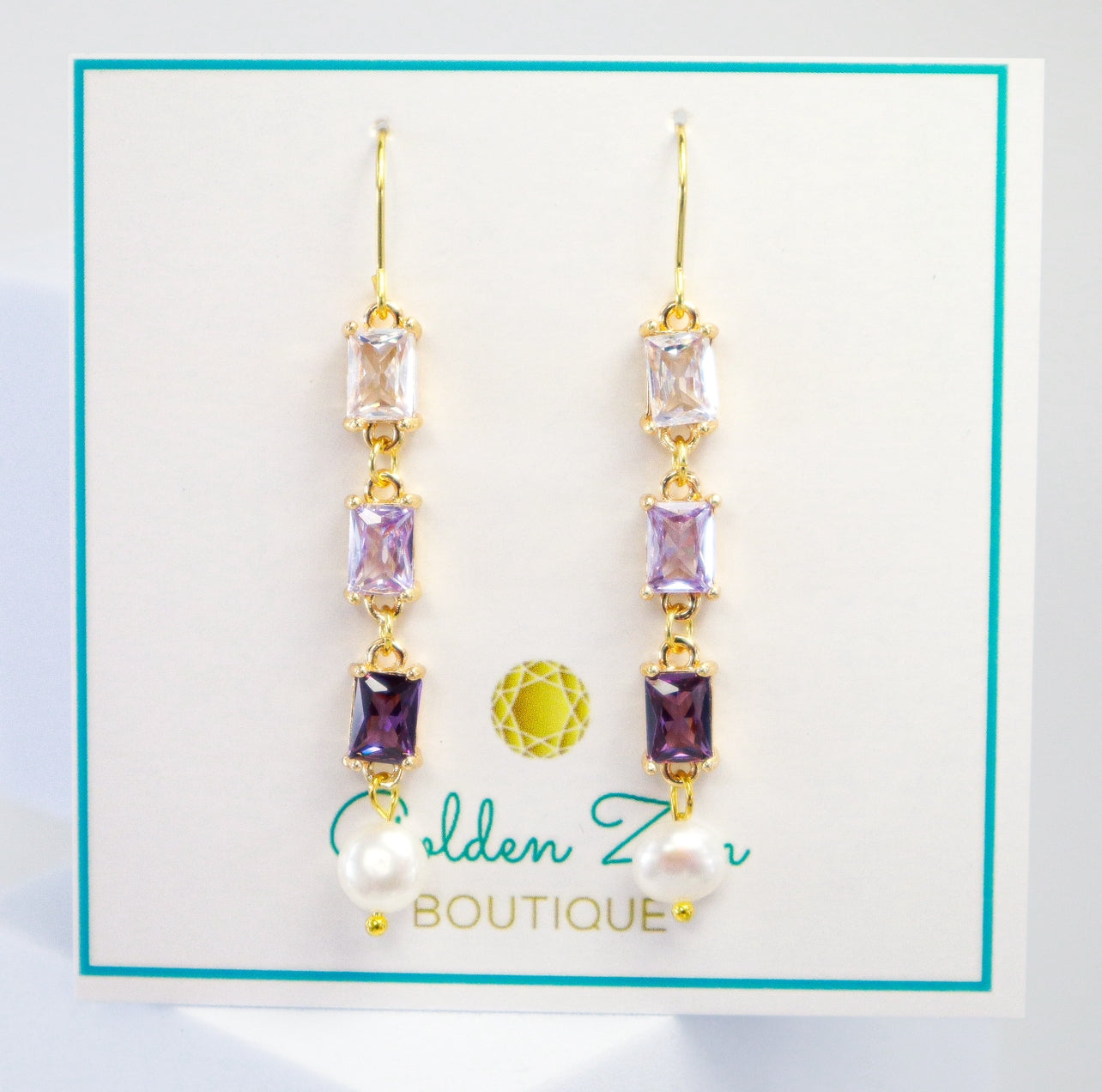 Purple Crystal & Fresh Water Pearl Ombre Emerald Cut Earrings