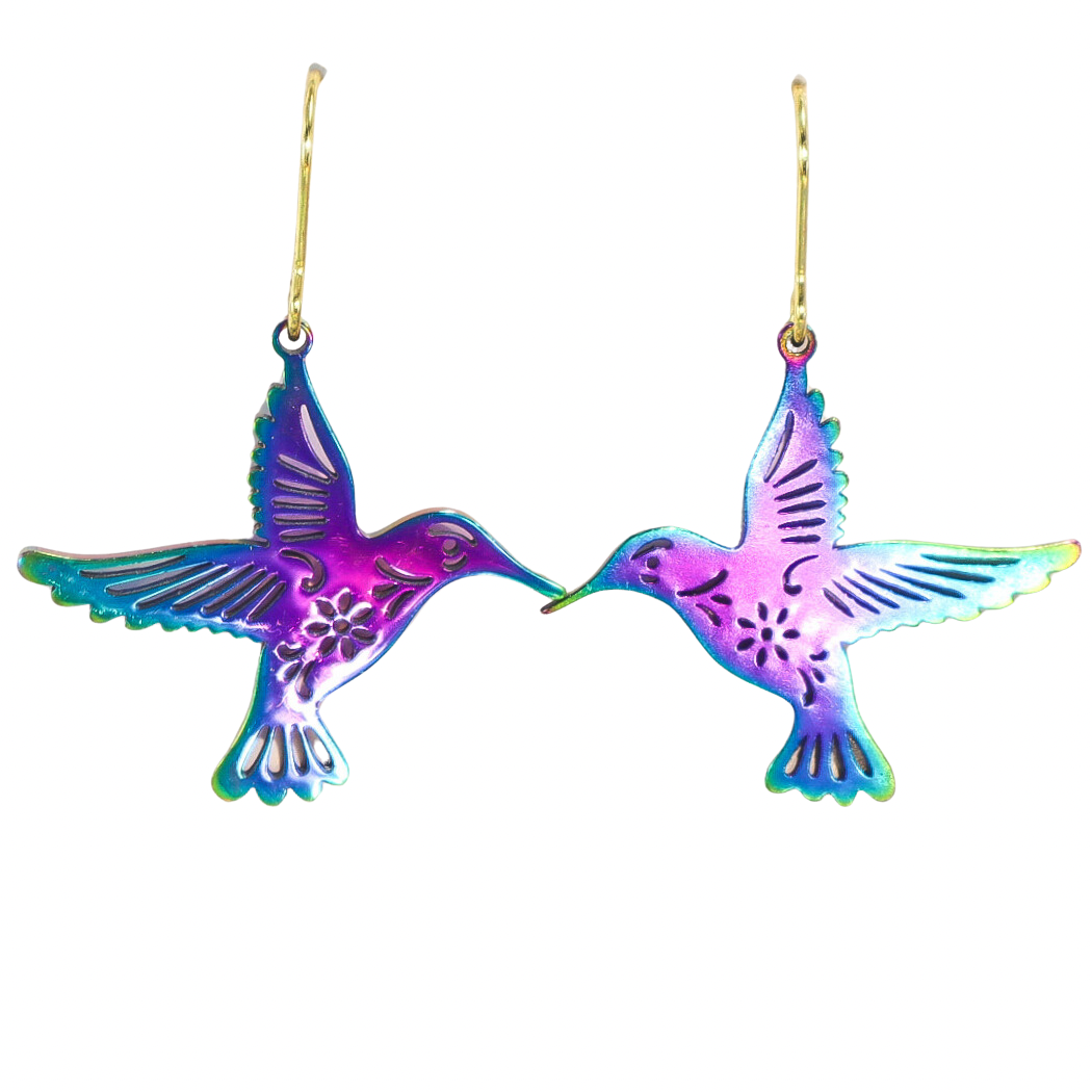 Iridescent Titanium Hummingbird Stainless Steel Earrings