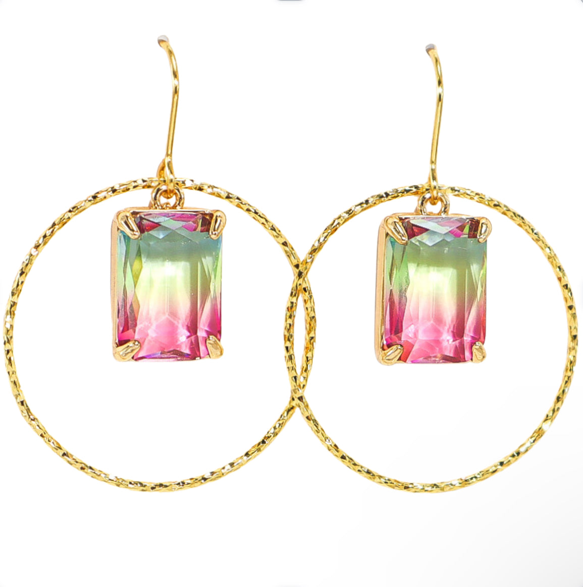 Watermelon Ombre Crystal & Gold Dangle Earrings