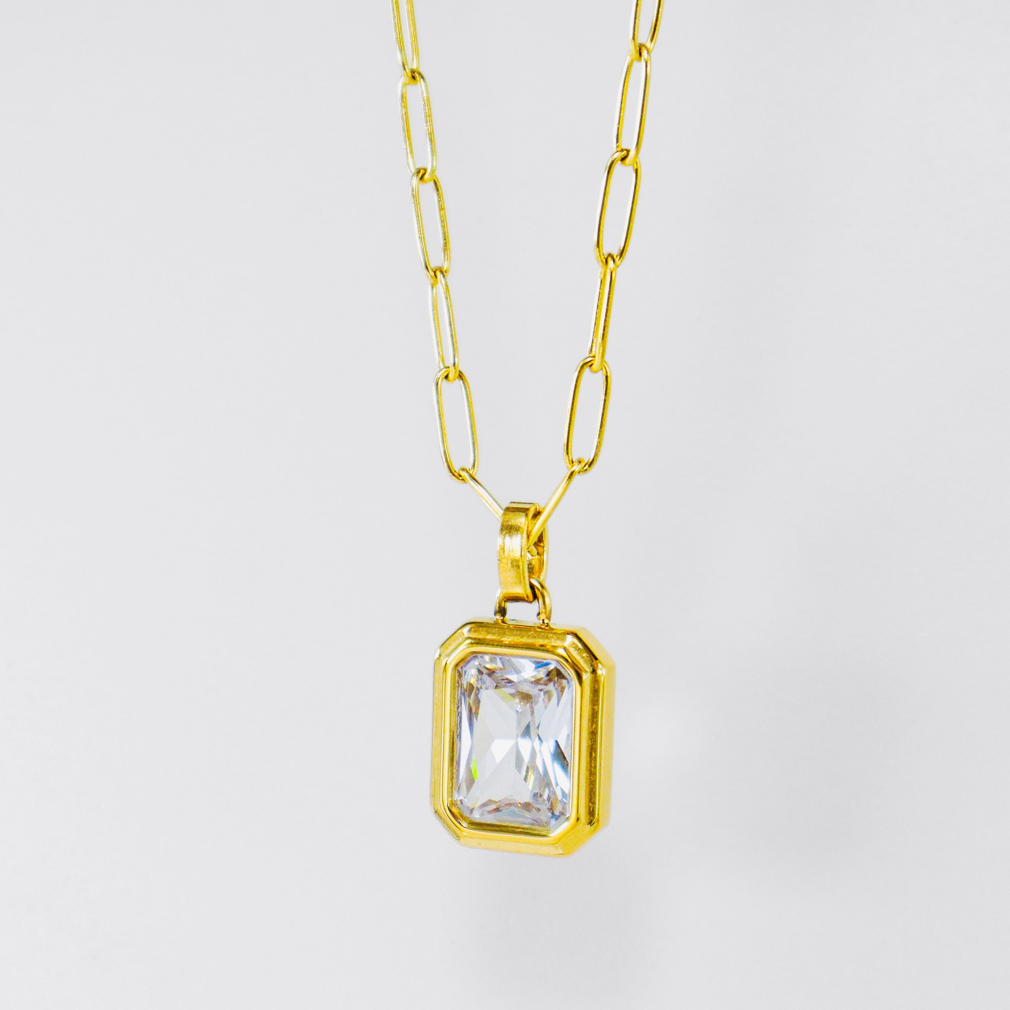 Emerald Cut Diamond Crystal & Gold Staple Chain Necklace