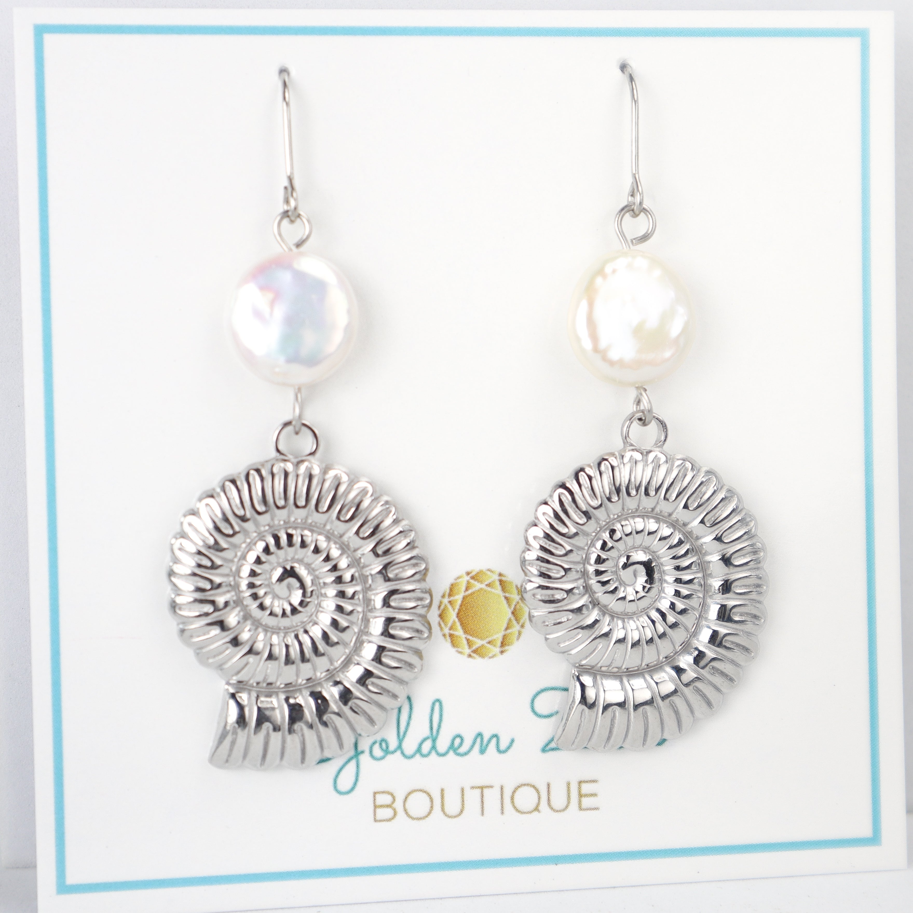 Silver Pearl Tide Swirl Shell Earrings