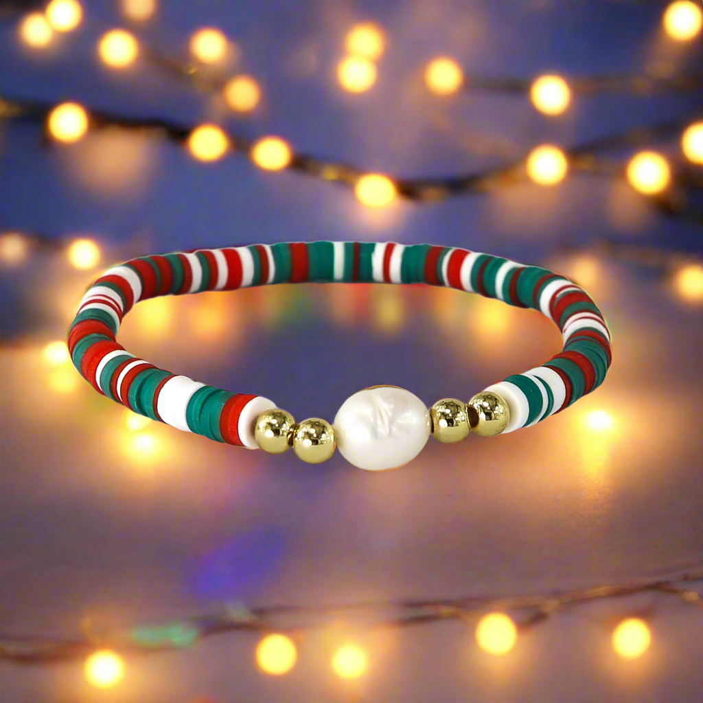 Holiday Pearl & Clay Bead Christmas Bracelet