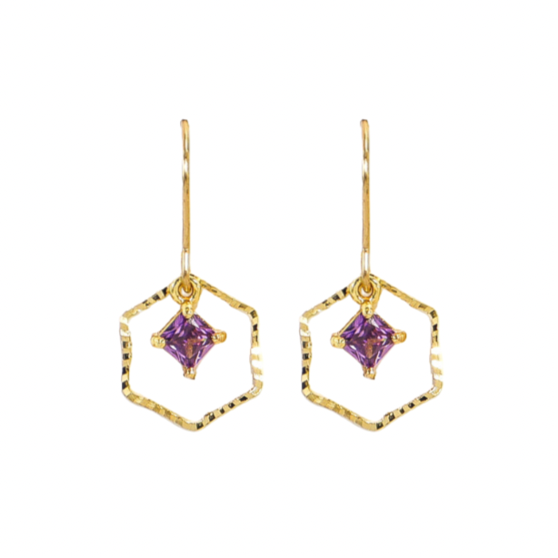 Amethyst & Gold Dainty Geometric Earrings