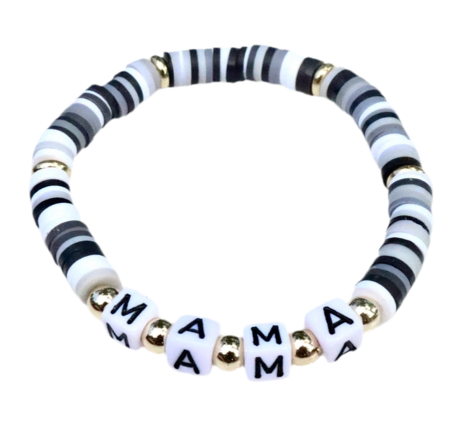 Mama Black, White, Grey & Gold Clay Word Bracelet
