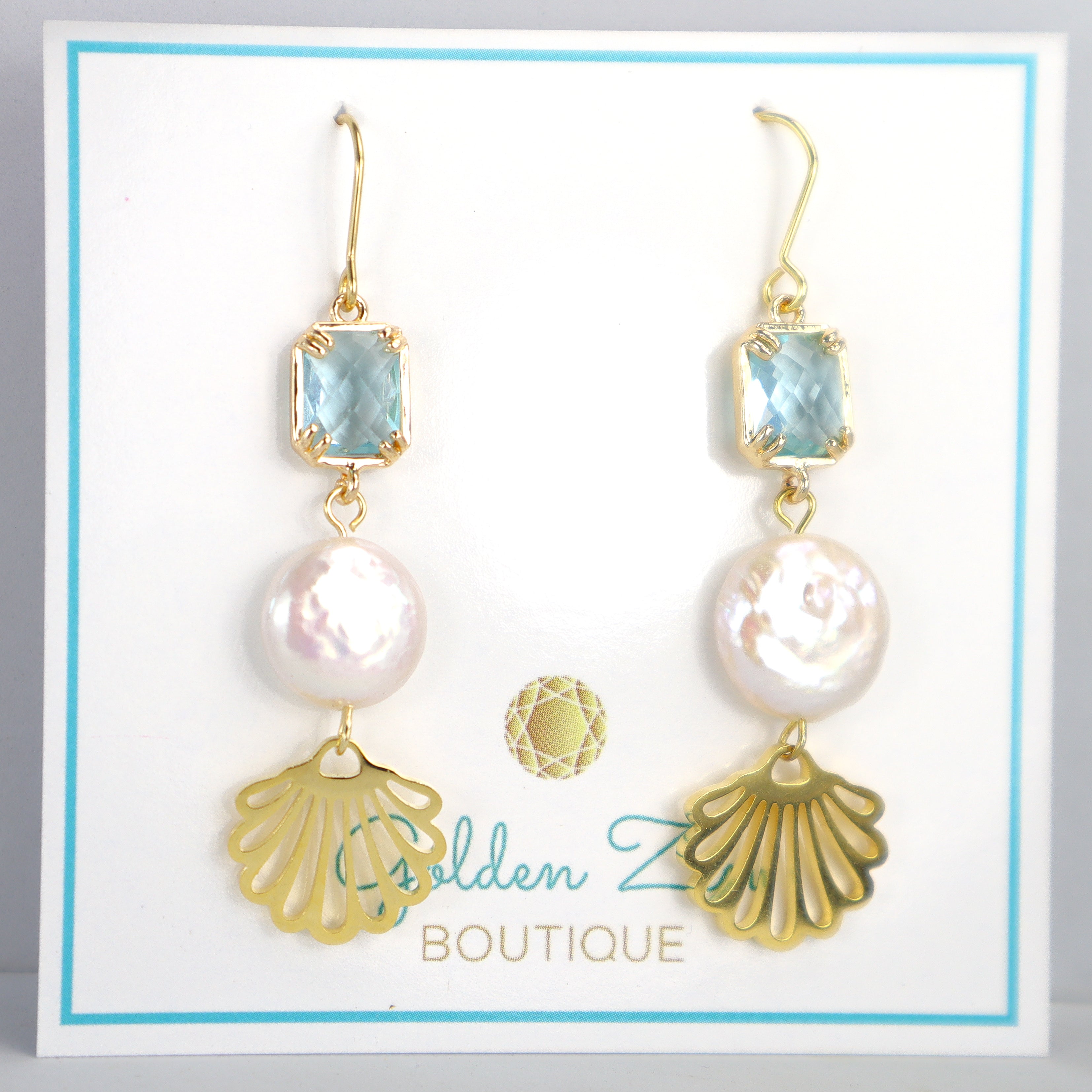 Sea Shore Pearl & Aquamarine Blue Crystal Earrings