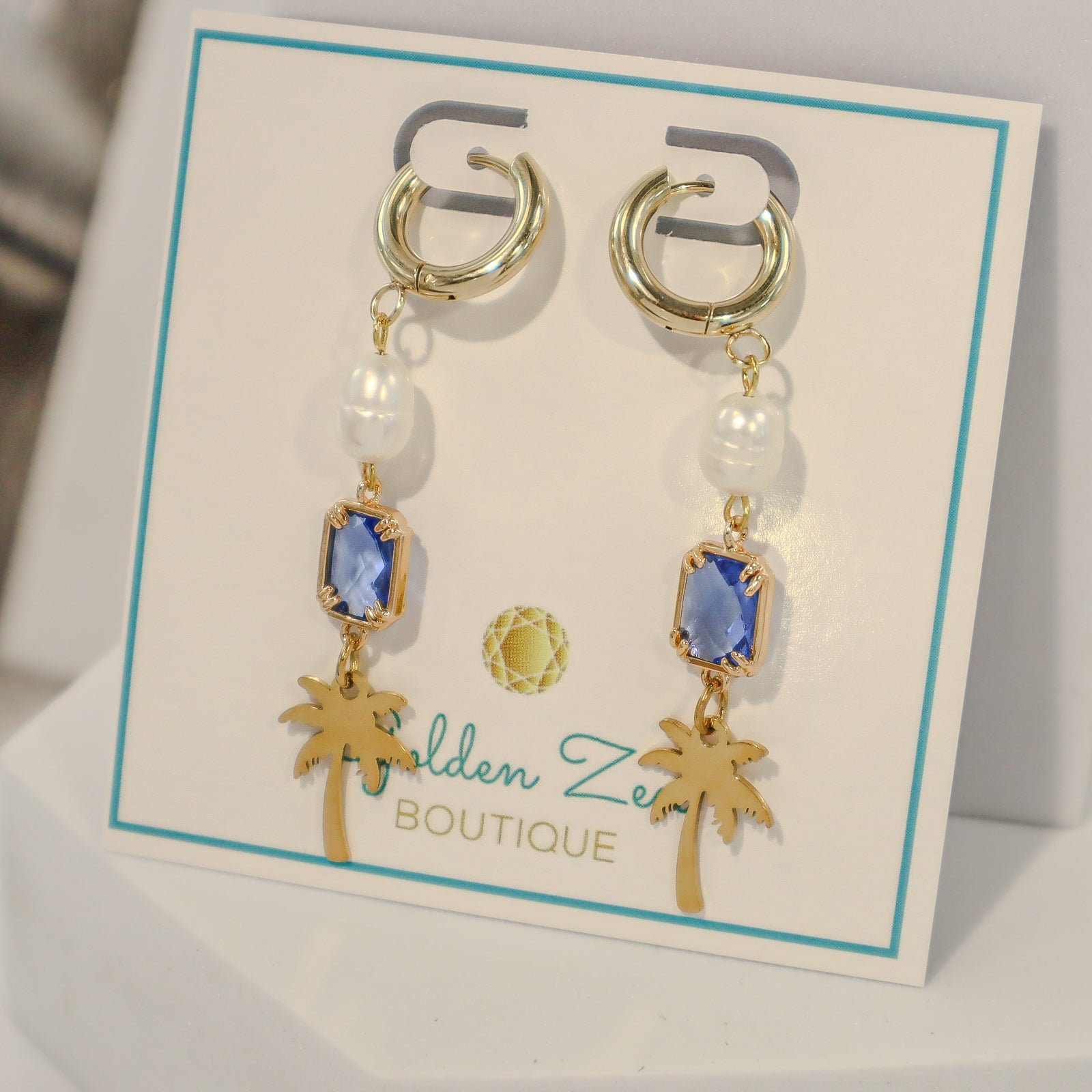 Palm Tree, Fresh Water Pearl & Blue Crystal Dangle Hoop Earrings