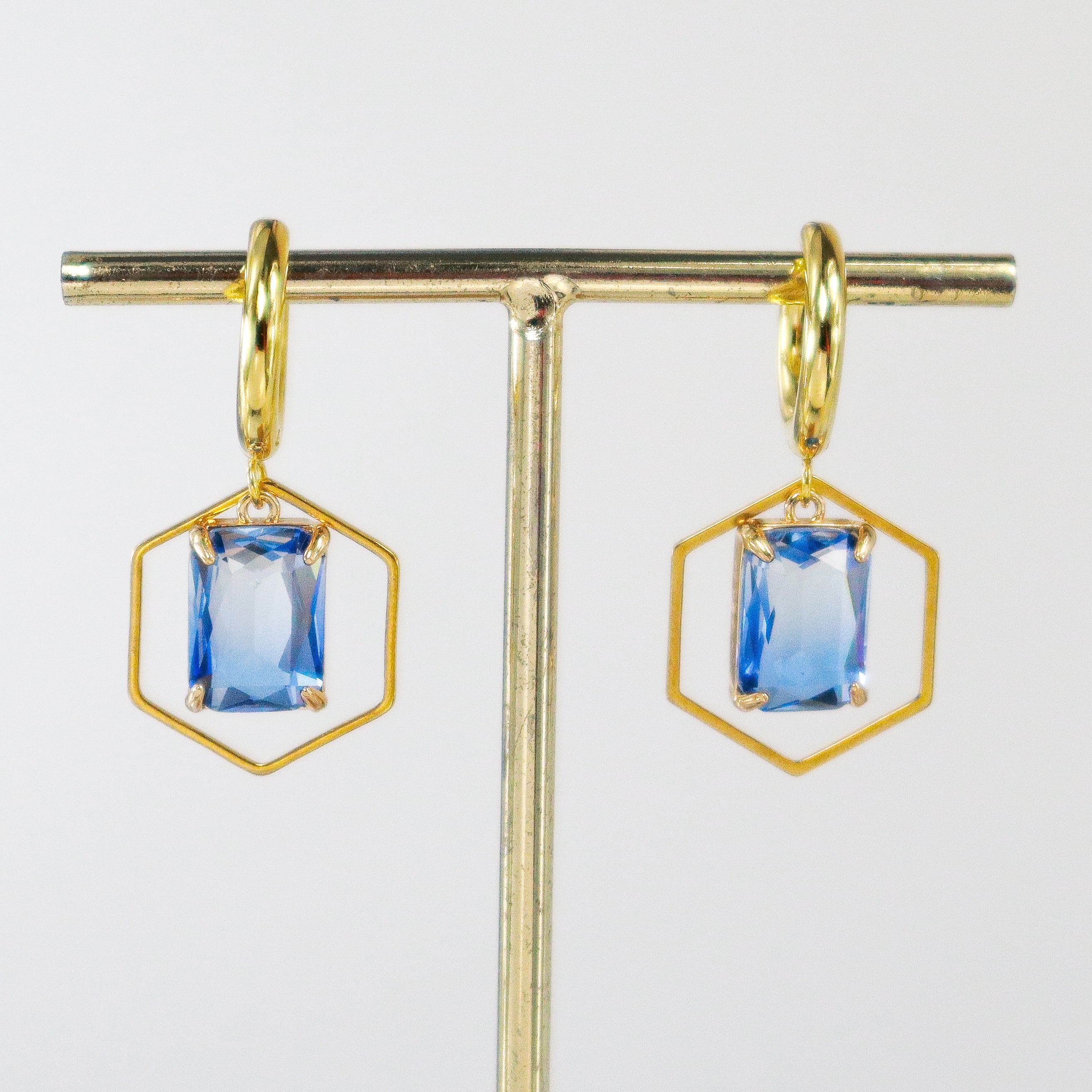 Geometric Gold Hexagon Blue Ombre Crystal Hoop Earrings