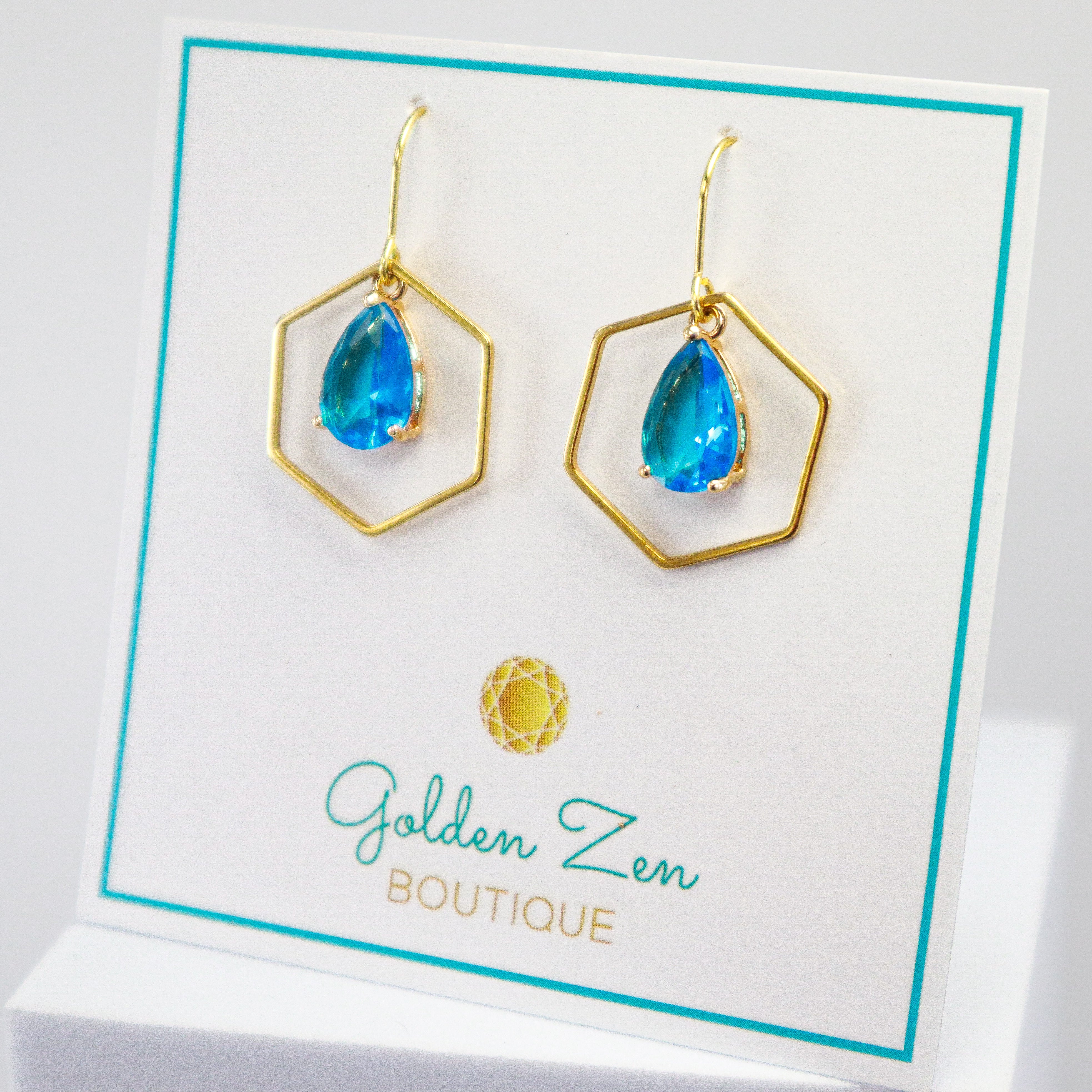 Gold & Blue Crystal Hexagon Earrings