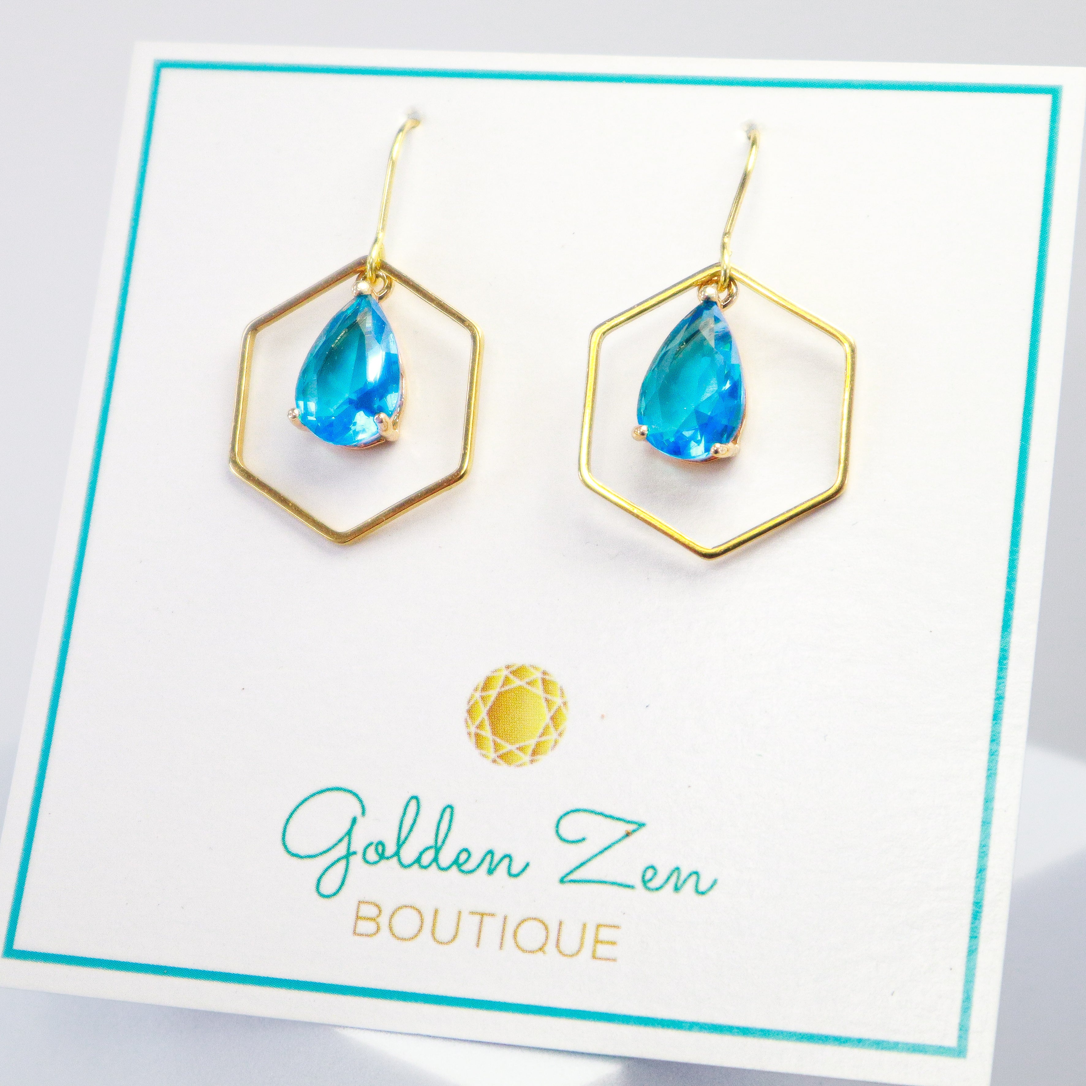 Gold & Blue Crystal Hexagon Earrings