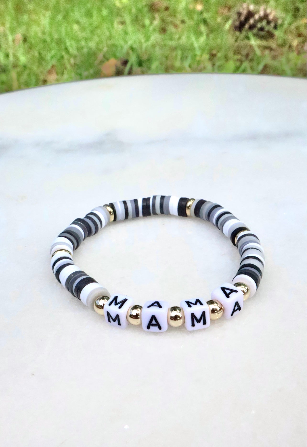 Mama Black, White, Grey & Gold Clay Word Bracelet