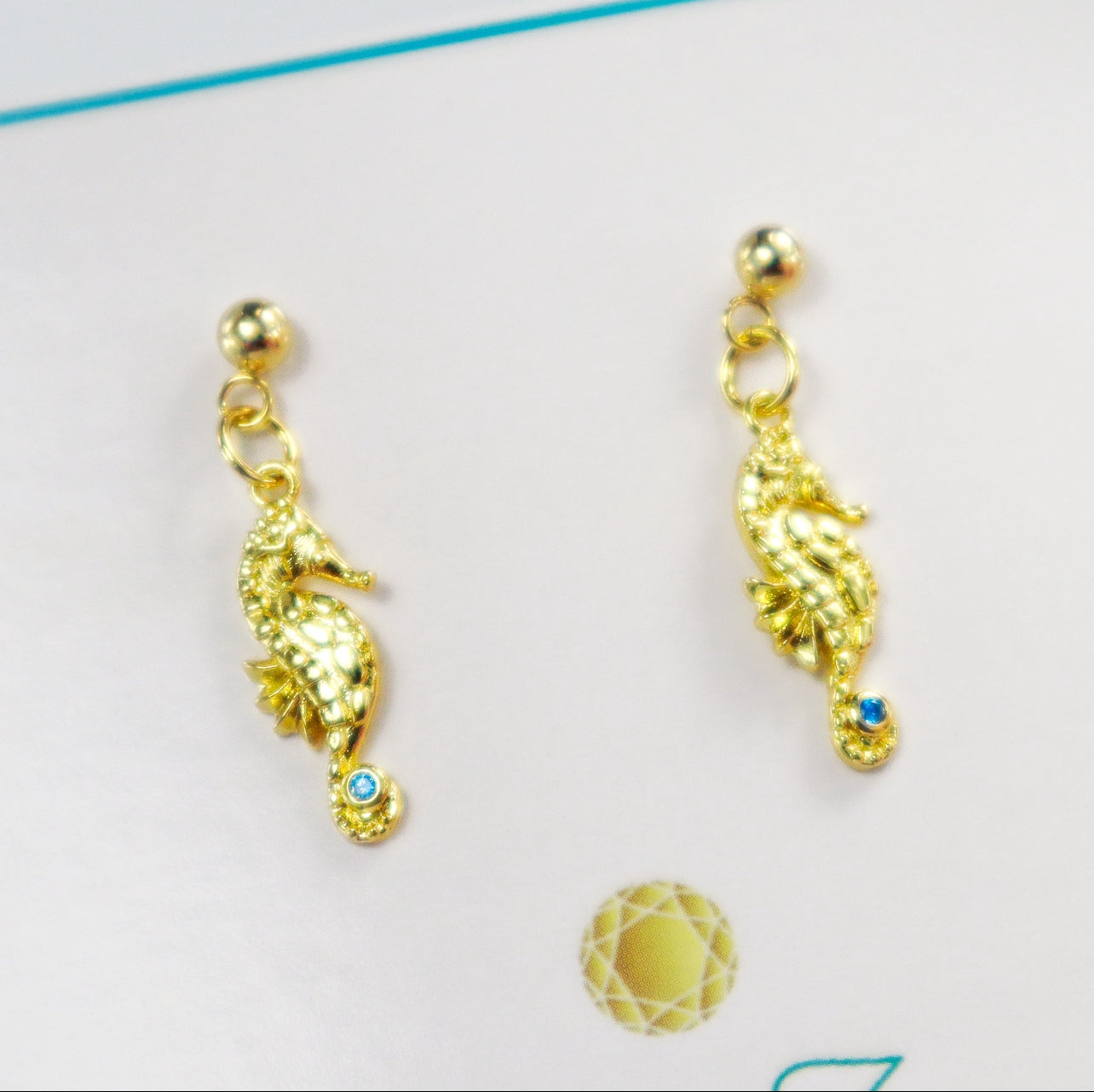 Gold Seahorse Blue Crystal Post Earrings