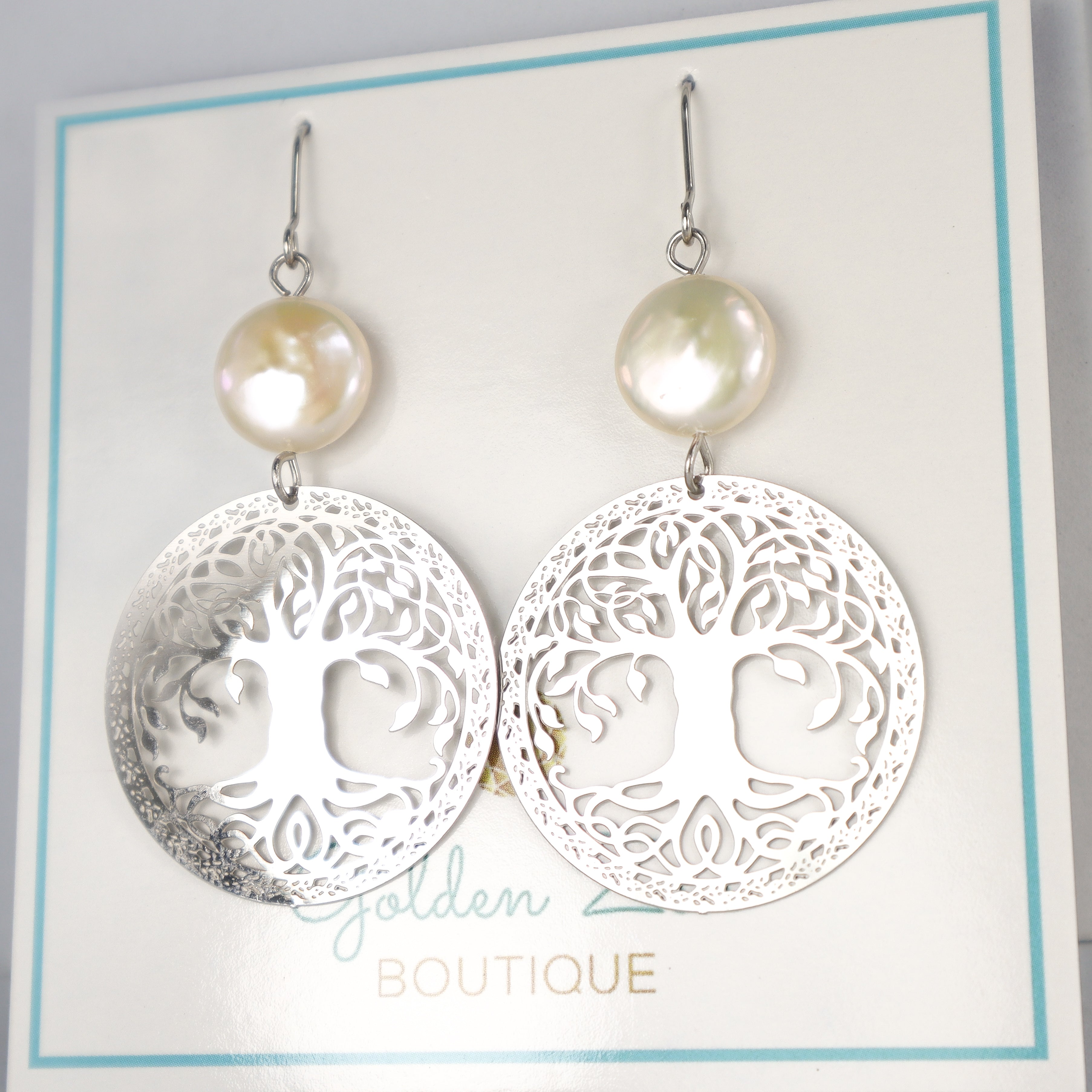 Silver Tree of Life Pearl Earrings