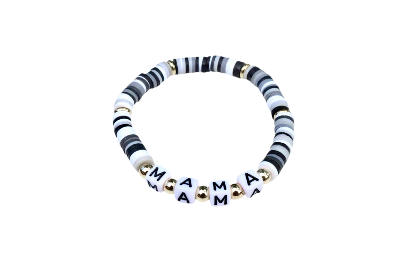 Mama Black, White, Grey & Gold Clay Word Bracelet