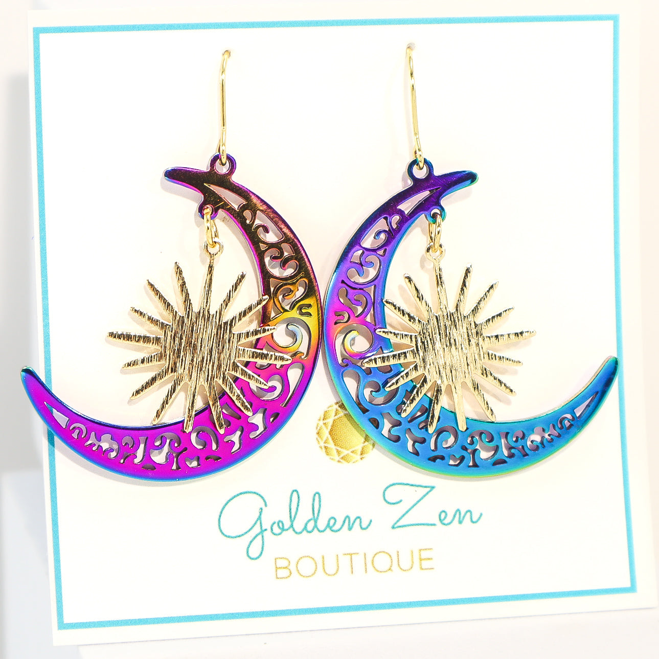 Iridescent Titanium & Gold Moon & Star Hoop Earrings