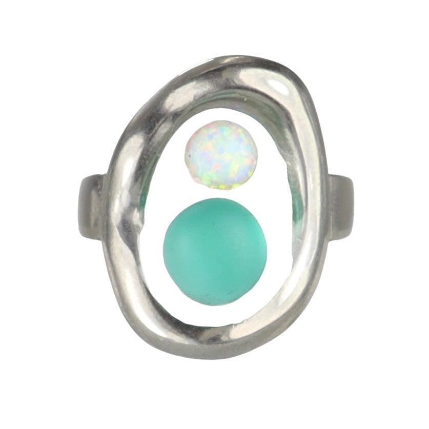 Teal Sea Glass & Iridescent Australian Opal Silver Ring