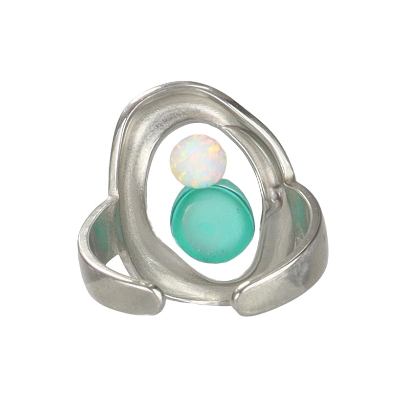 Teal Sea Glass & Iridescent Australian Opal Silver Ring