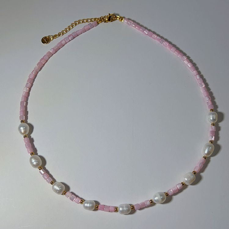 Pink Mother of Pearl & Fresh Water Pearl Beaded Necklace